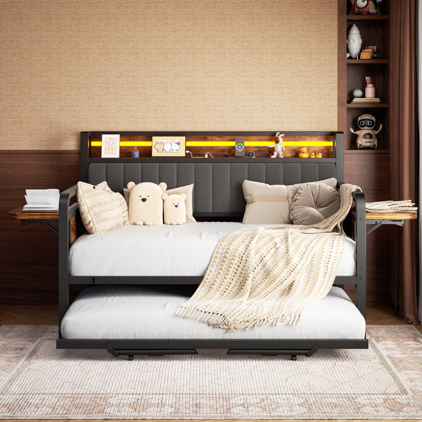 Hijob Daybed with Side Table/Charging Station/Upholstered Storage Headboard/LED Light/Pop-upTrundle, Industrial Heavy Duty Metal Twin Sofa Bed Frame for Guest Living Room/Bedroom,Black&Brown