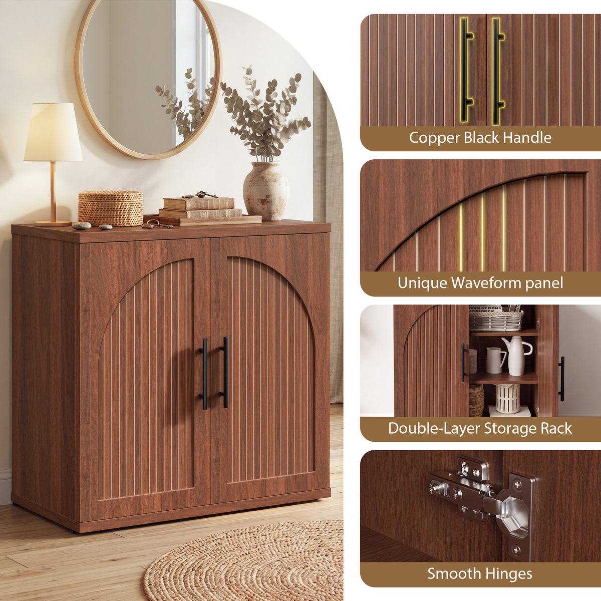 Hijob 31.5" Wide Sideboard with Arched Grooved Double Doors, Buffet Cabinet with Adjustable Shelves for Entryway, Living Room and Dining Room, Walnut