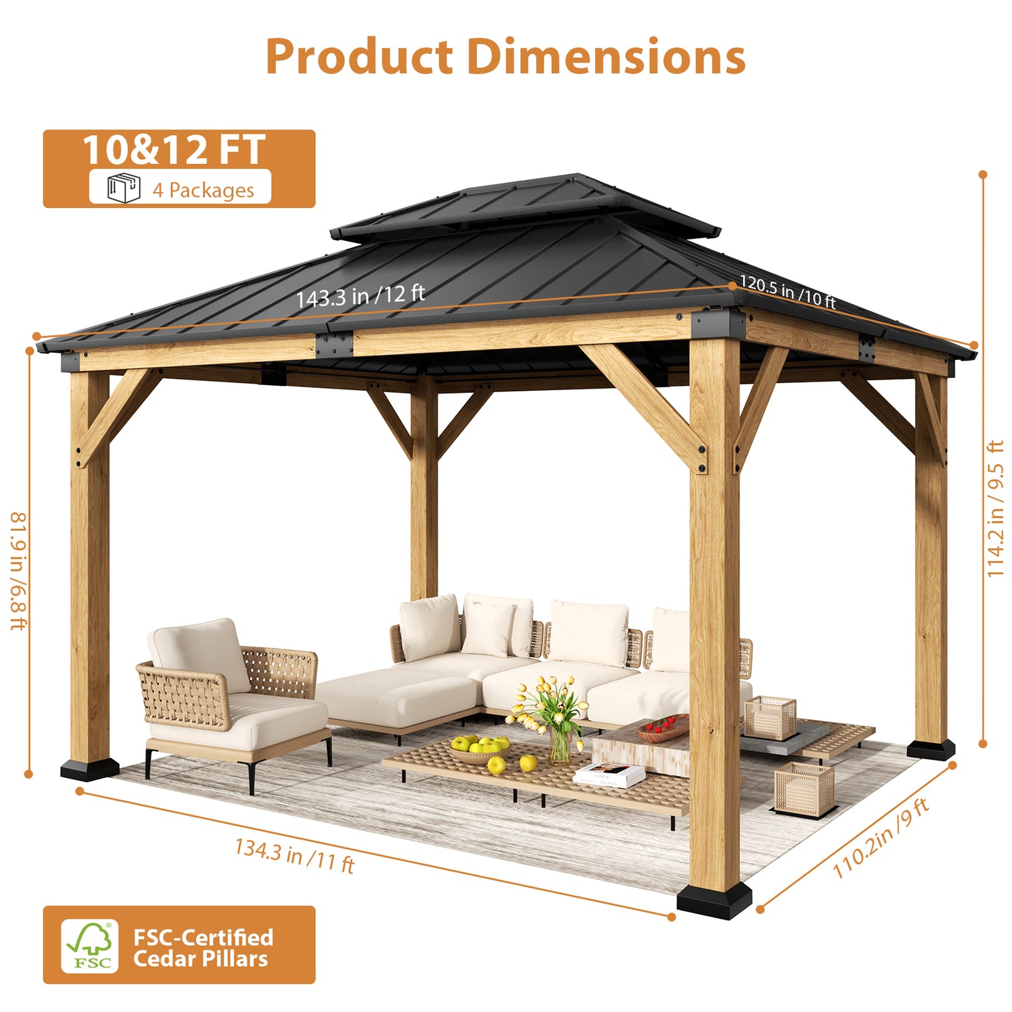 Cocosity 12FT(L) x 10FT(W) x 9.5FT(H) Outdoor Wood Gazebo, Hardtop Gazebo Permanent Wooden Pavilion with Galvanized Steel Double, Roof Snow Support for Patio, Garden, Deck, Cedar Wood