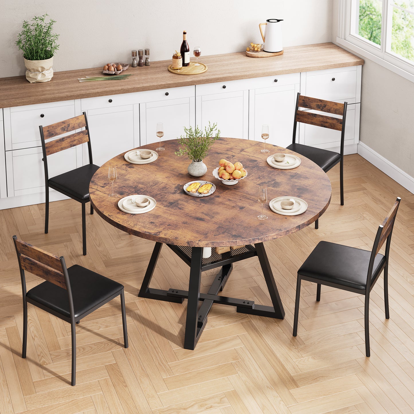 Anyact 47 inch Wood Dining Table for 4, Round Kitchen Dining Table with Storage Shelf for Home Dining Room Living Room, Brown(Only Table)