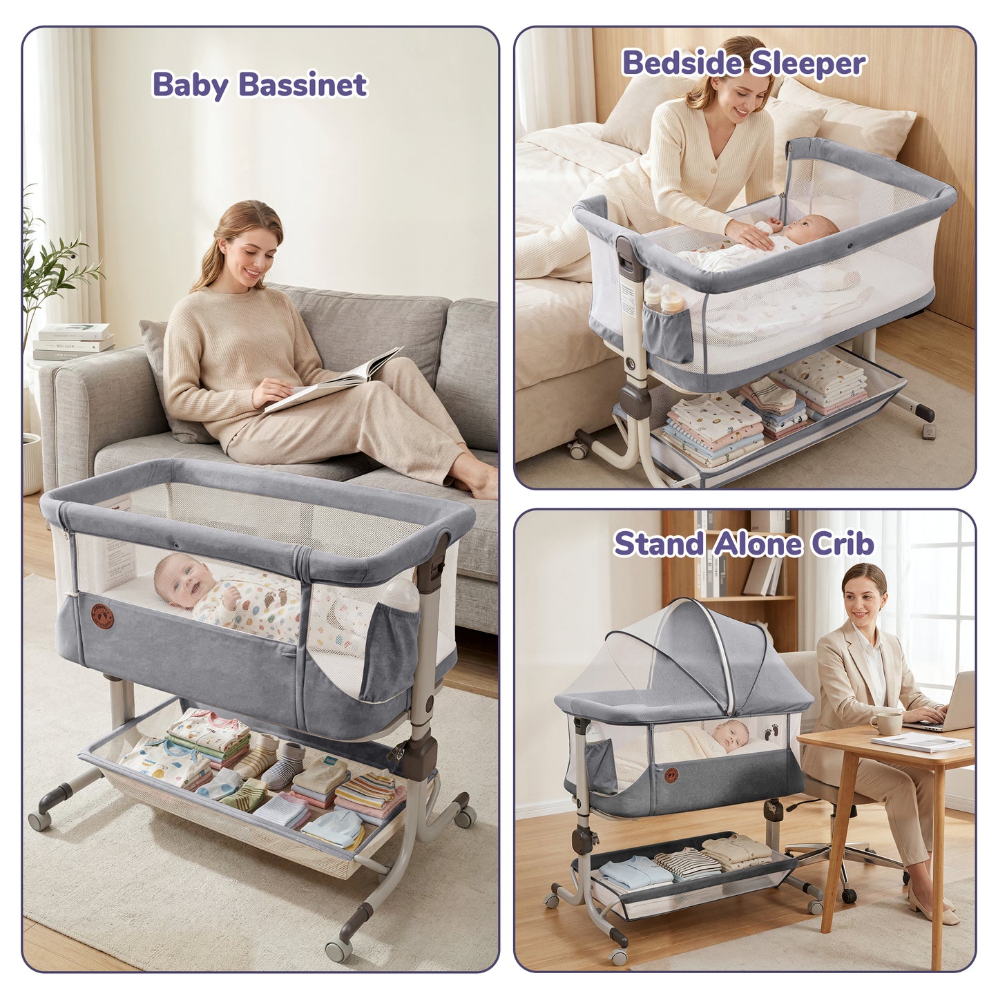 Minikid 3-in-1 Baby Bassinet Bedside Sleeper, 6 Height Adjustments, Full Mesh Breathable, Portable Newborn Baby Crib with Storage Basket,Dark Gray