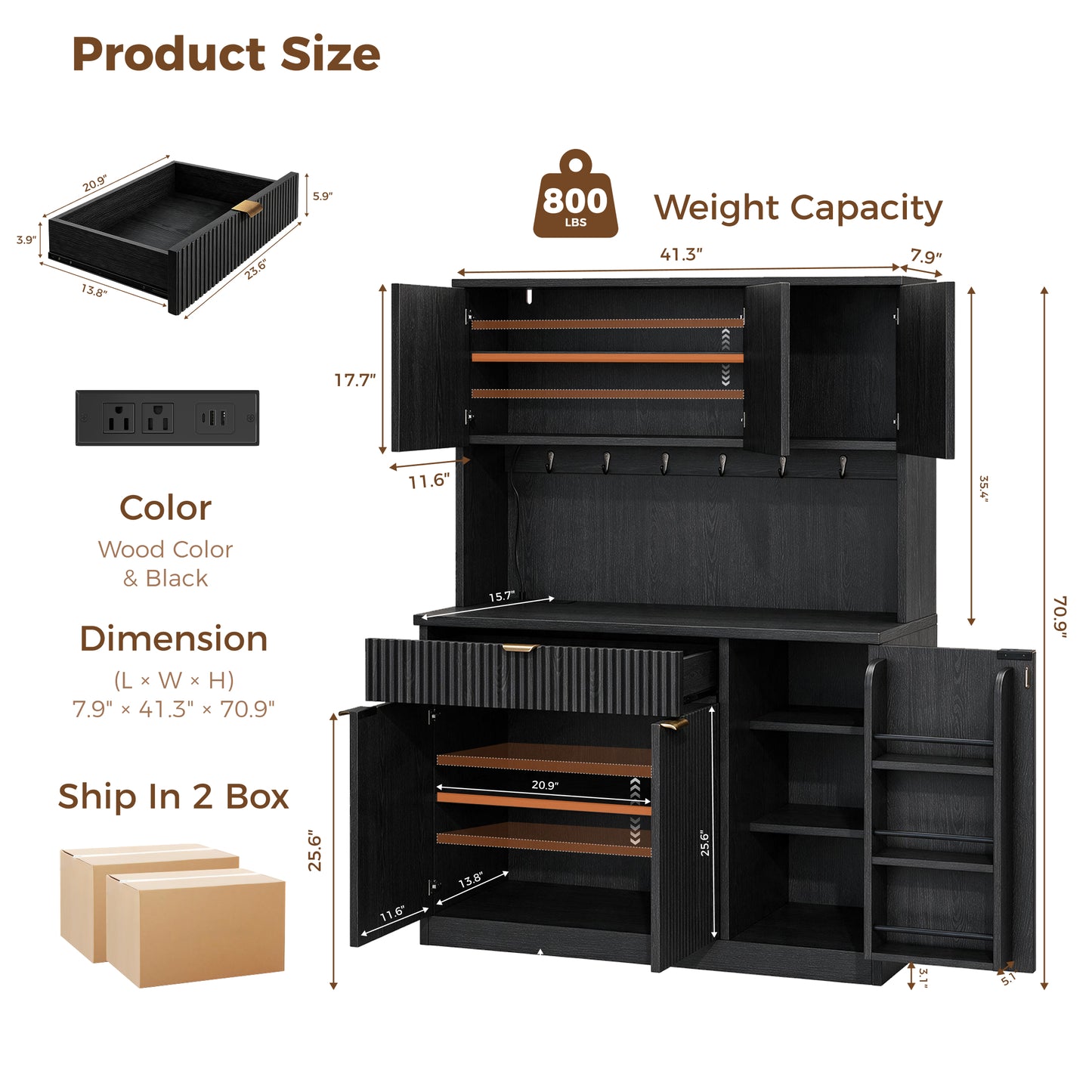 HiJob 71" Tall Fluted Kitchen Pantry Cabinet with Microwave Shelf,Black,3 door