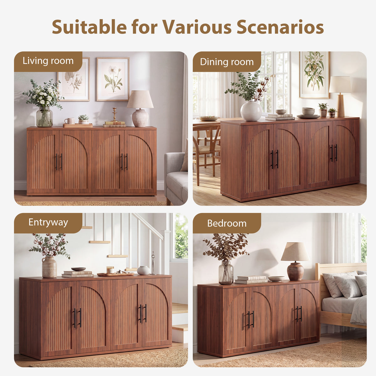 Hijob 63" Width Sideboard with Arched Grooved 4 Doors, Buffet Cabinet Adjustable Shelves for Entryway, Living Room and Dining Room, Walnut