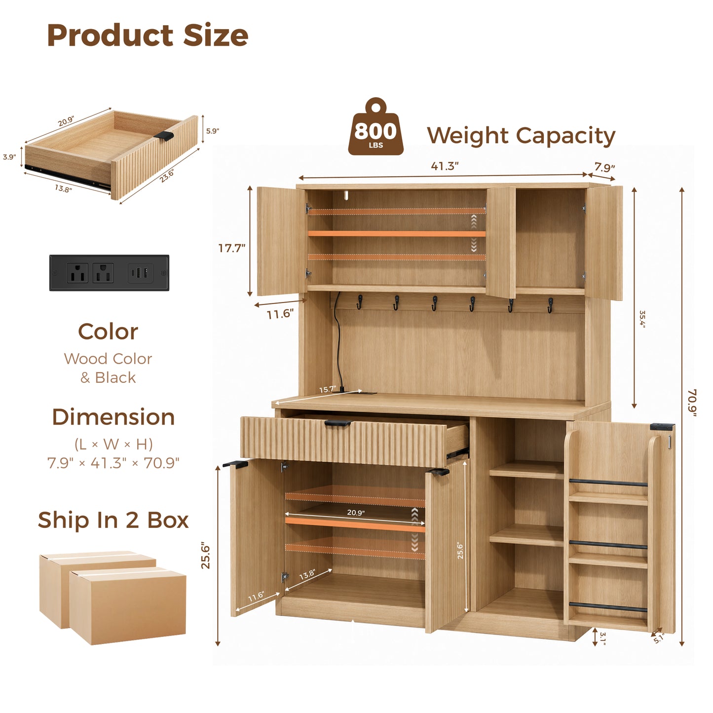 HiJob 71" Tall Fluted Kitchen Pantry Cabinet with Microwave Shelf, Natural- 3door