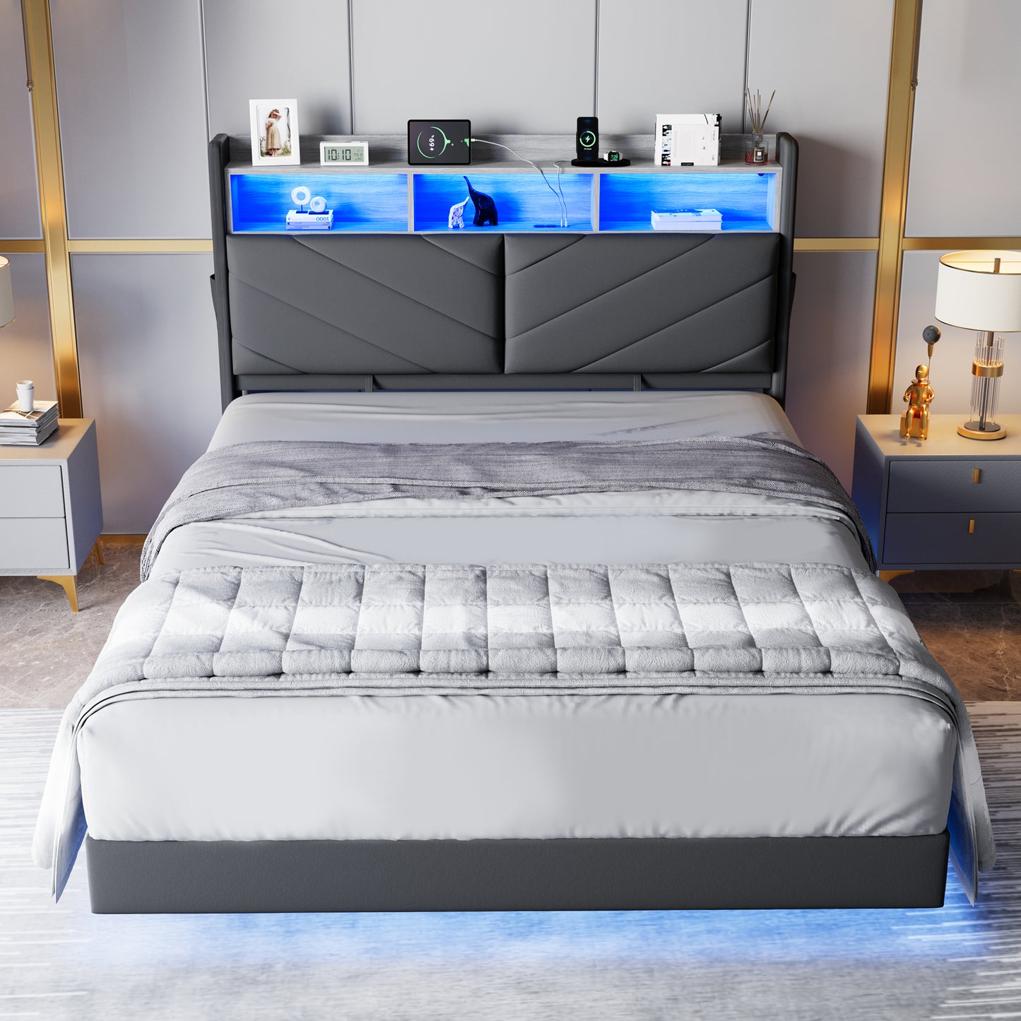 Hijob Floating Upholstered Bed Frame Queen Size with Ergonomic & Adjustable Storage Headboard, Gray