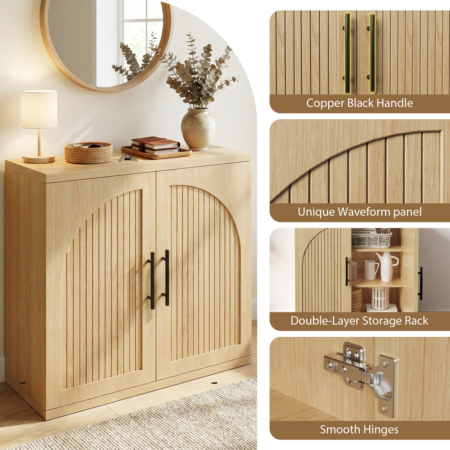 Anyact Modern 2 Door Sideboard, 32" Tall Sideboard Cabinet with Metal Handle w/Curved Profile Design, Wood Mid Century Vertical Dresser w/Natural Texture for Living Room, Natural Oak