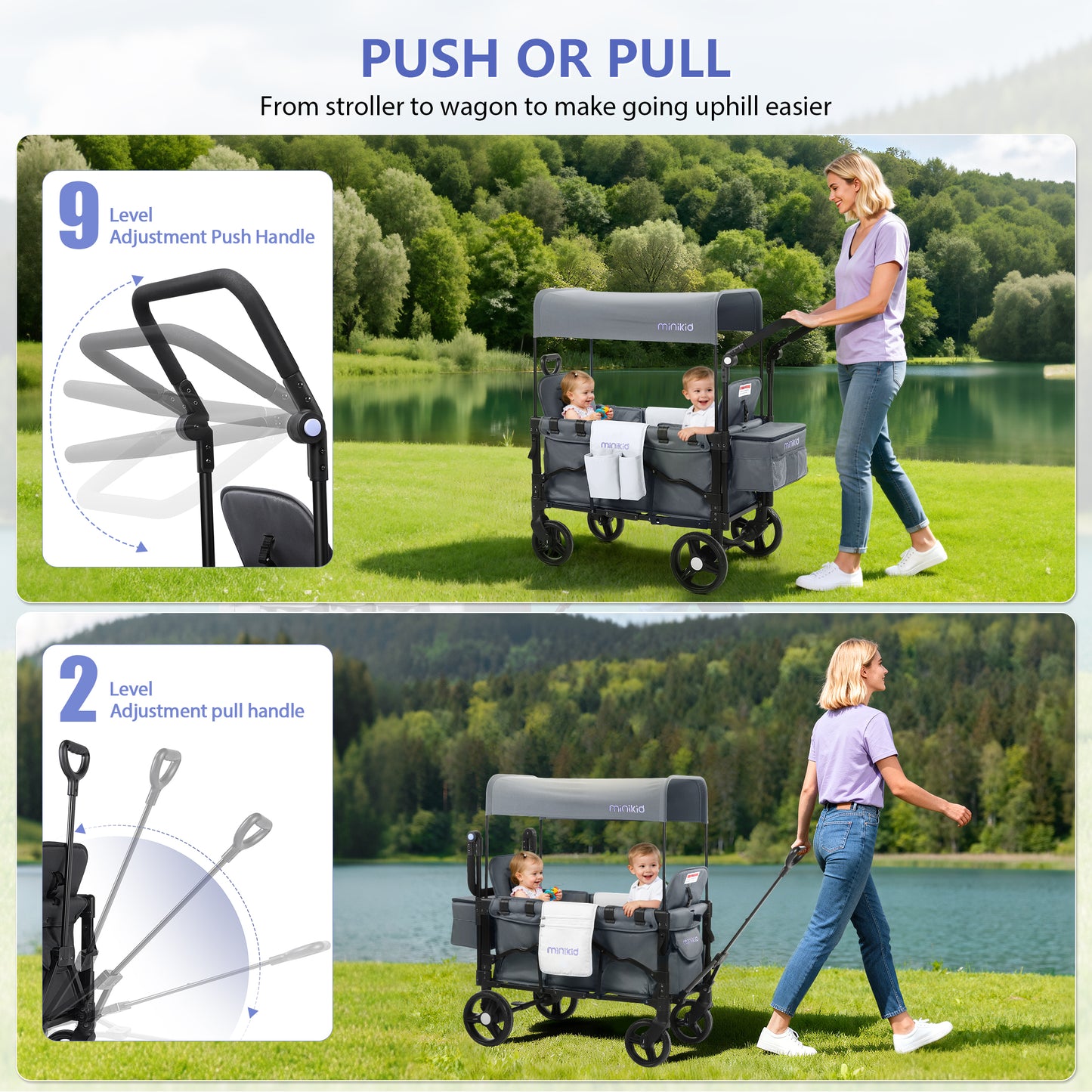Minikid Stroller Wagon for 2 Kids, Baby Wagon Stroller with Adjustable Handle for Infants and Toddlers Includes Canopy & Organizer, Foldable and Convenient for Storage