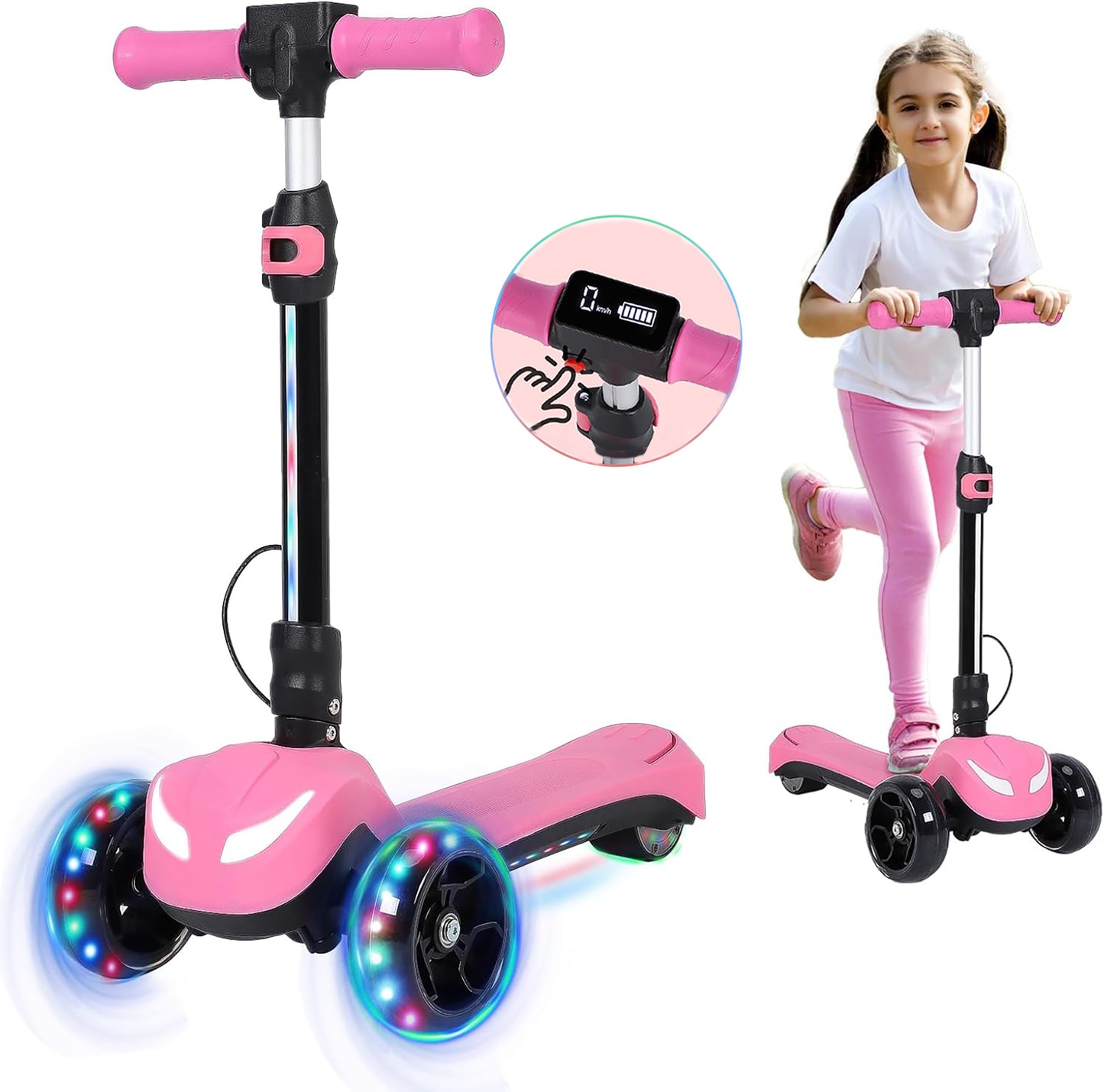 Electric Scooter for Kids w/LCD Screen, Premium Front Light and Wheel Lights/3 Adjustable Heights Scooter for Kid, Thumb Throttle, Powerful Motor, Foldable Kids Electric Scooter, Pink