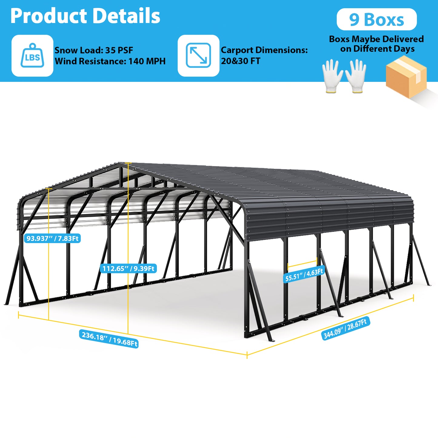 Cocosity 20x30 FT Large Outdoor Metal Carport, Heavy Duty Hardtop Car Shelter with Reinforced Supports for Multiple Vehicles, RV, Boats, Tractors and Farm Equipment