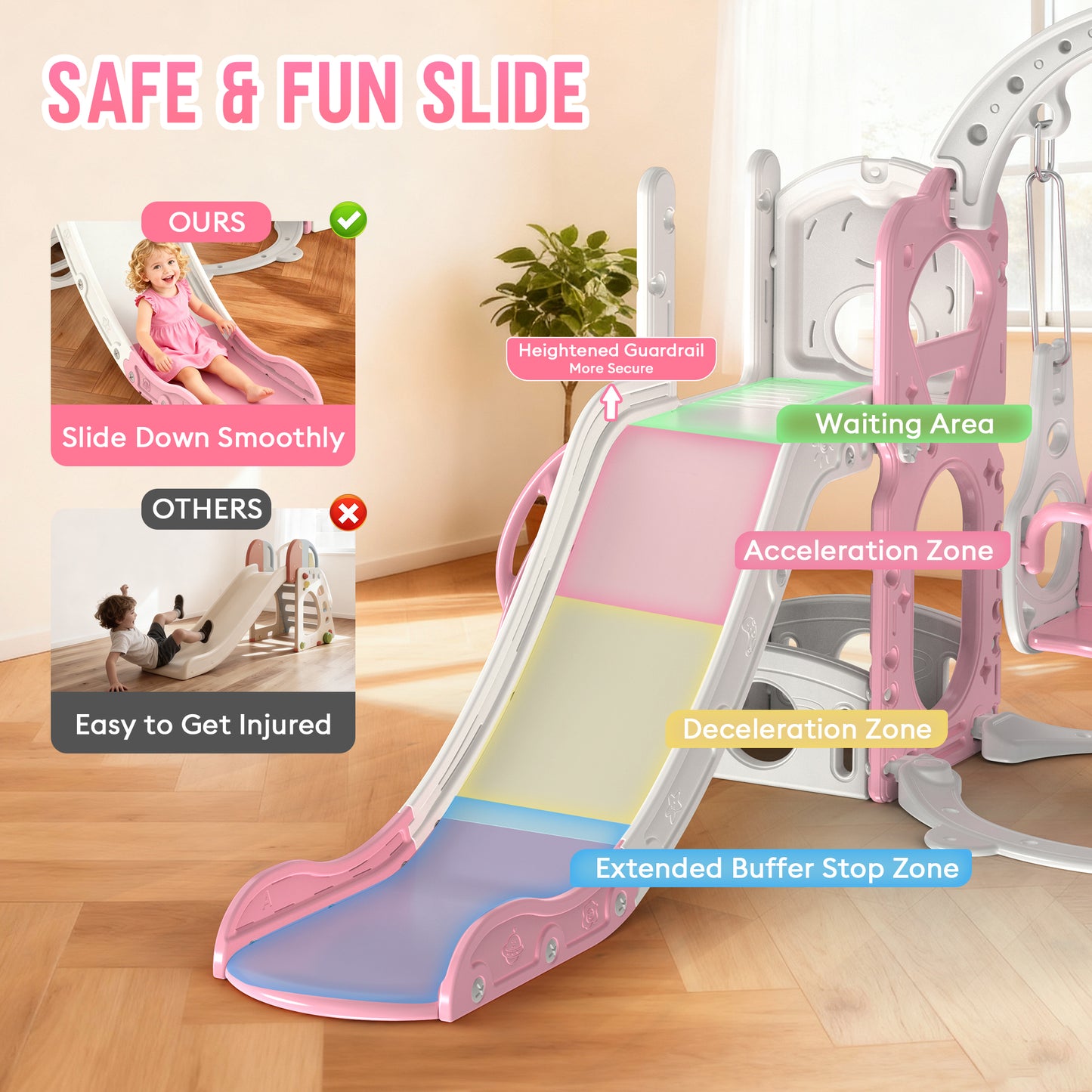 Vipuse 6 in 1 Kid Slide, Indoor and Outdoor Toddler Playground for Girls Age 1-3,Pink