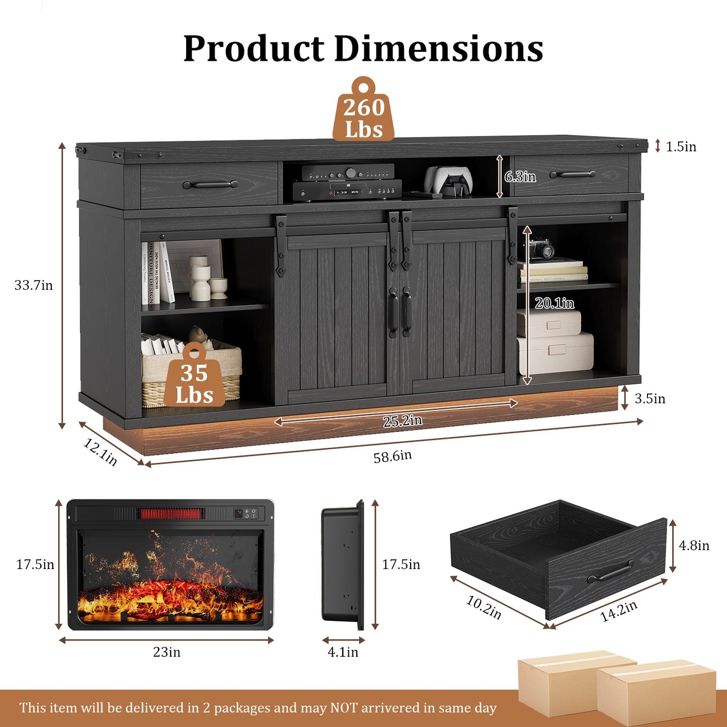 HiJob Electric Fireplace TV Stand for 75″ TVs with 23″Fireplace, Holds up to 260 lbs,Black
