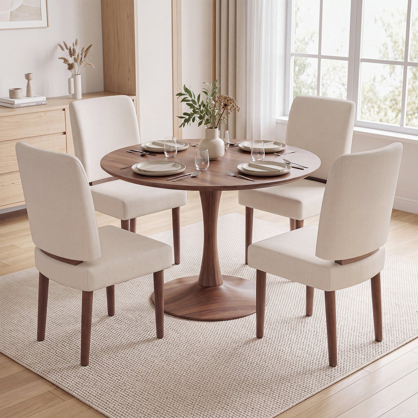 Hijob Upholstered Dining Chairs set of 2, Mid-Century Modern Solid Wood Legs Kitchen Chairs with Padded Seat & Backrest, Beige Fabric Accent Chairs for Dining Room, Living Room, Bedroom