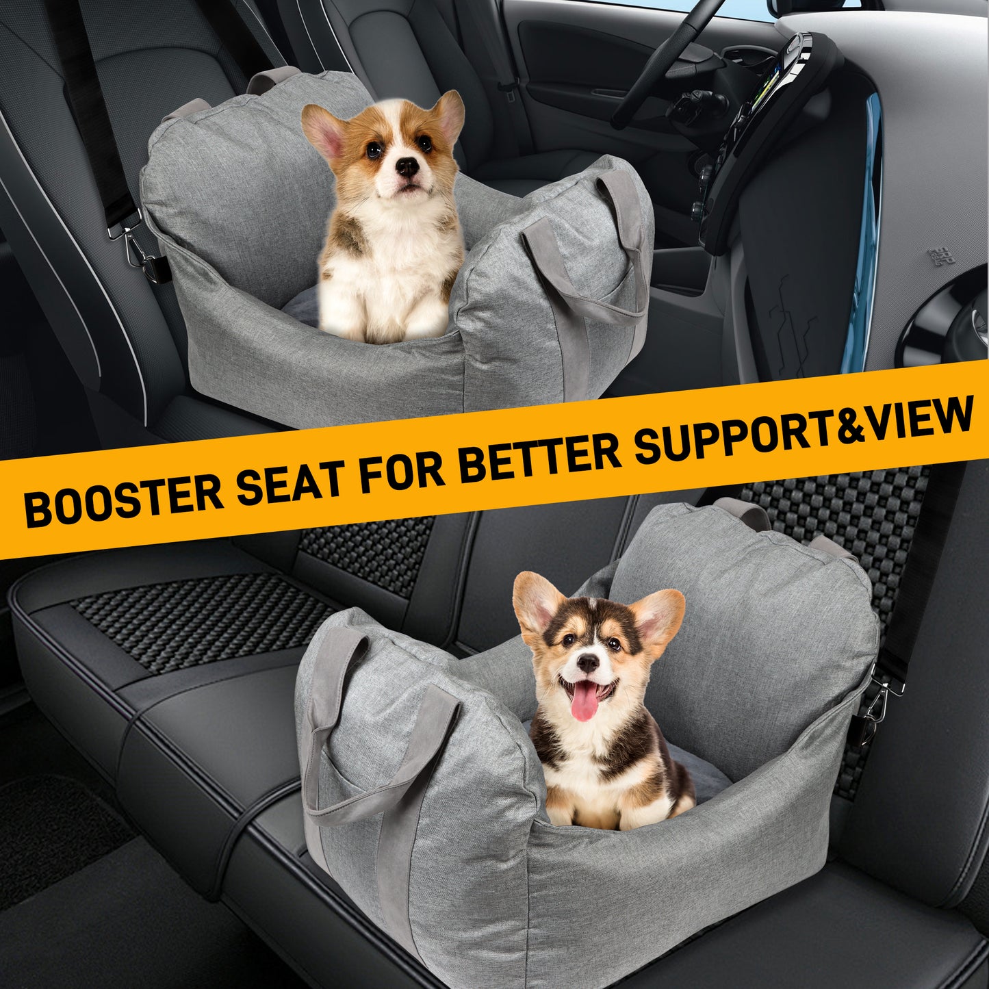 Dog Car Seat, XiWiYuVa Pet Booster Seat, Cat Travel Carrier with Storage Pockets and Belts, Grey