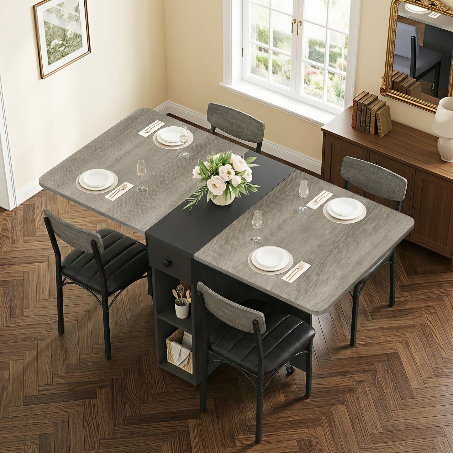Hijob Folding Dining Table for 4, Drop Leaf Dining Table with 6 Wheels and 2-Layer Storage Shelf, Space Saving Kitchen Table for Small Spaces, Apartment, Grey Carlo Oak + Matte Black