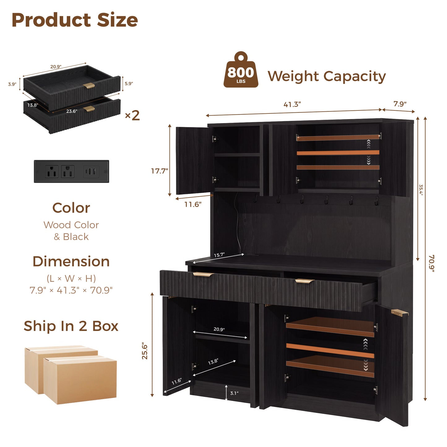 HiJob 71'' Fluted Kitchen Pantry Storage Cabinet  Black, 4door