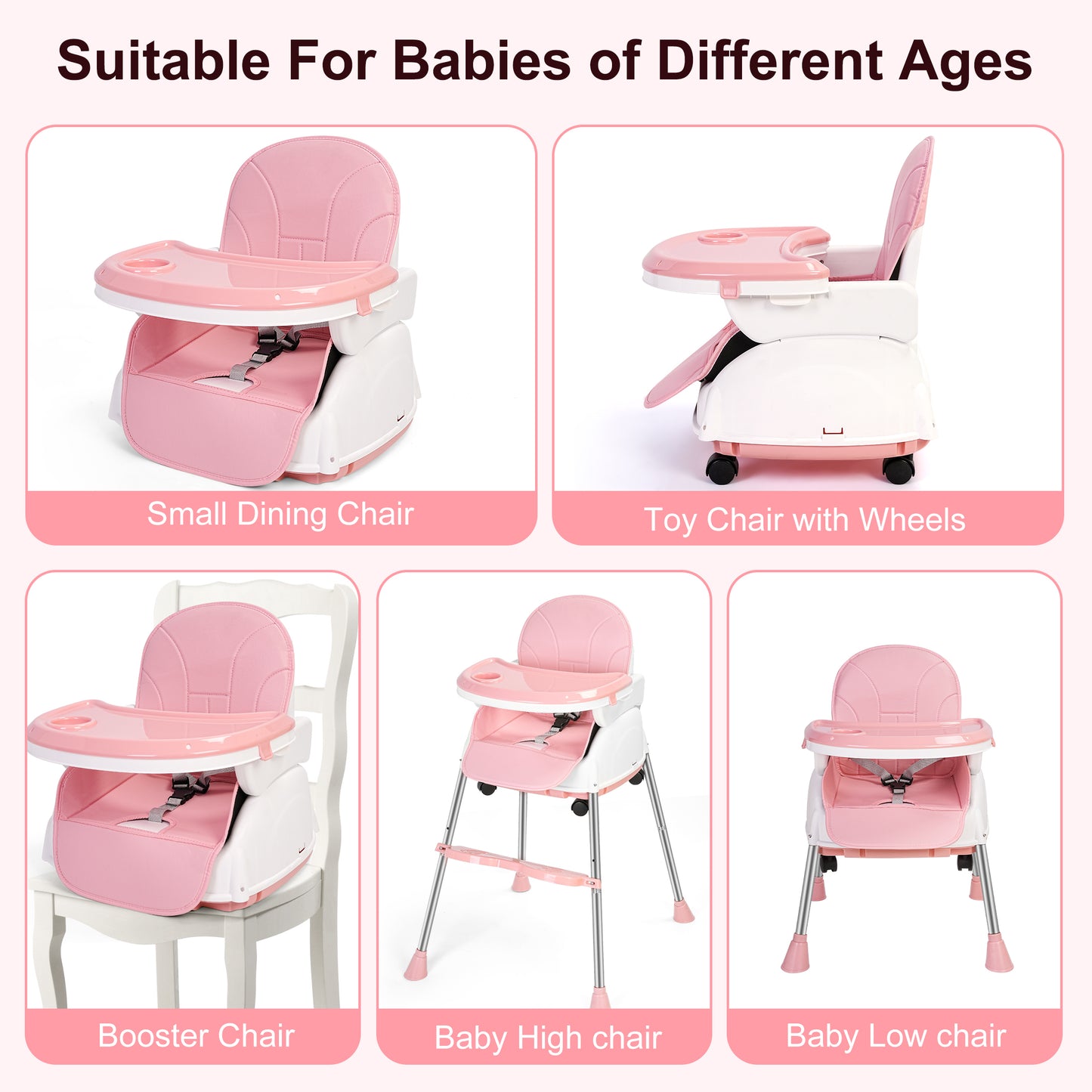 Welbabel Baby High Chair,5-in-1 Convertible Highchair for Babies and Toddlers with 3-Point Seat Belt,Double-layer Dinner Plate,Baby Seat for Walk,Pink