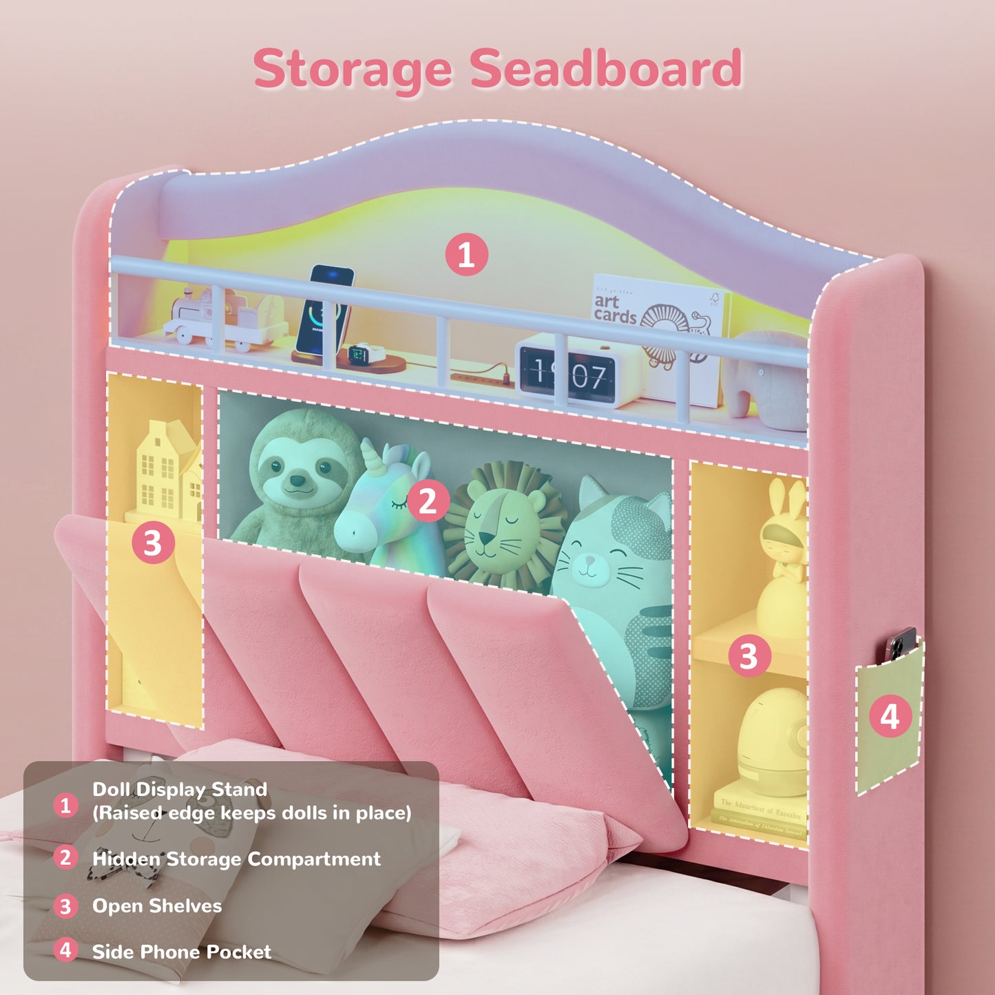 Hijob Pink Velvet Upholstered Platform Twin Size LED Bed Frame with Drawer Adjustable Lighted Headboard for Girls Kid's Bedroom