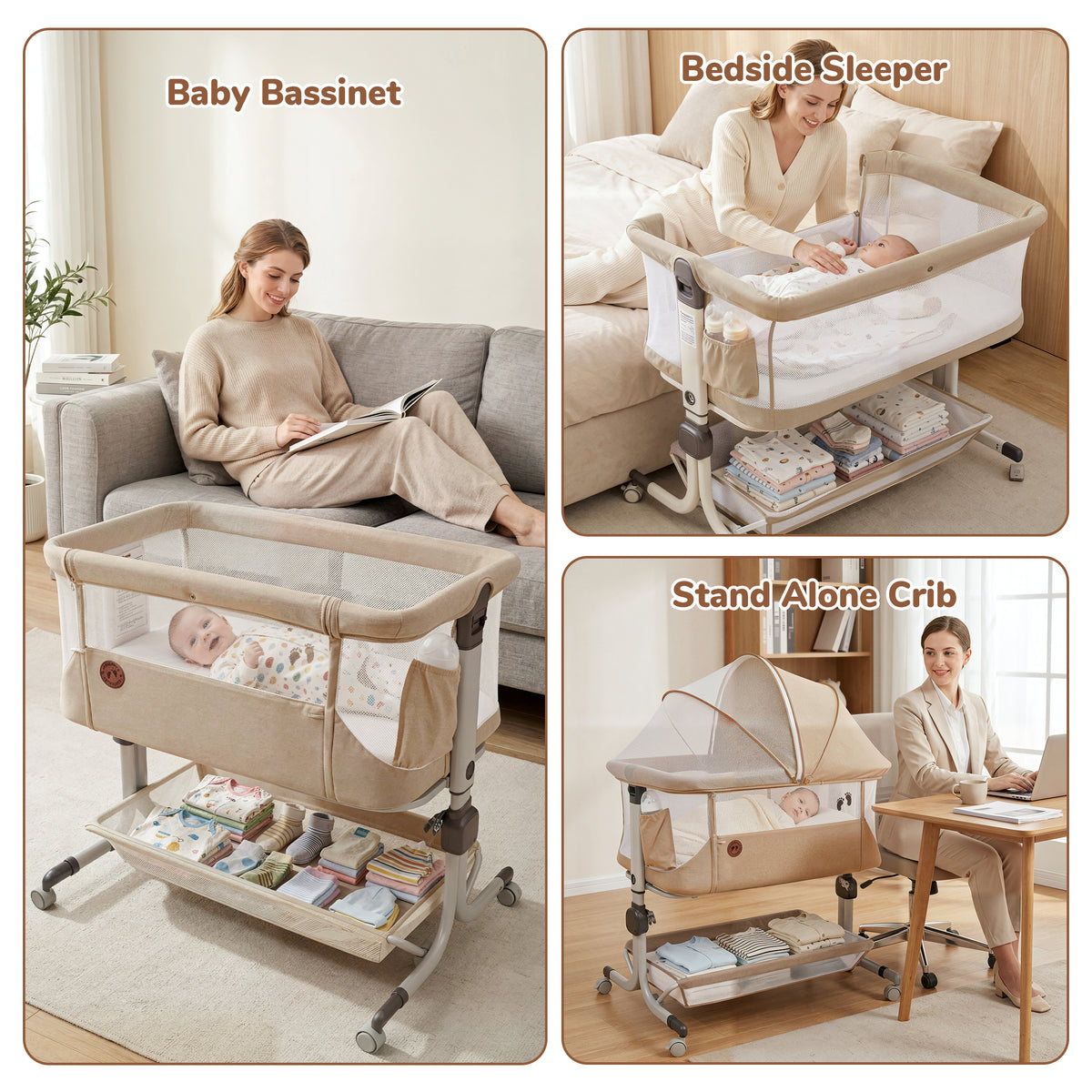 Vipuse 3-in-1 Baby Bassinet Bedside Sleeper, 6 Height Adjustments, Full Mesh Breathable, Portable Newborn Baby Crib with Storage Basket,Oatmeal