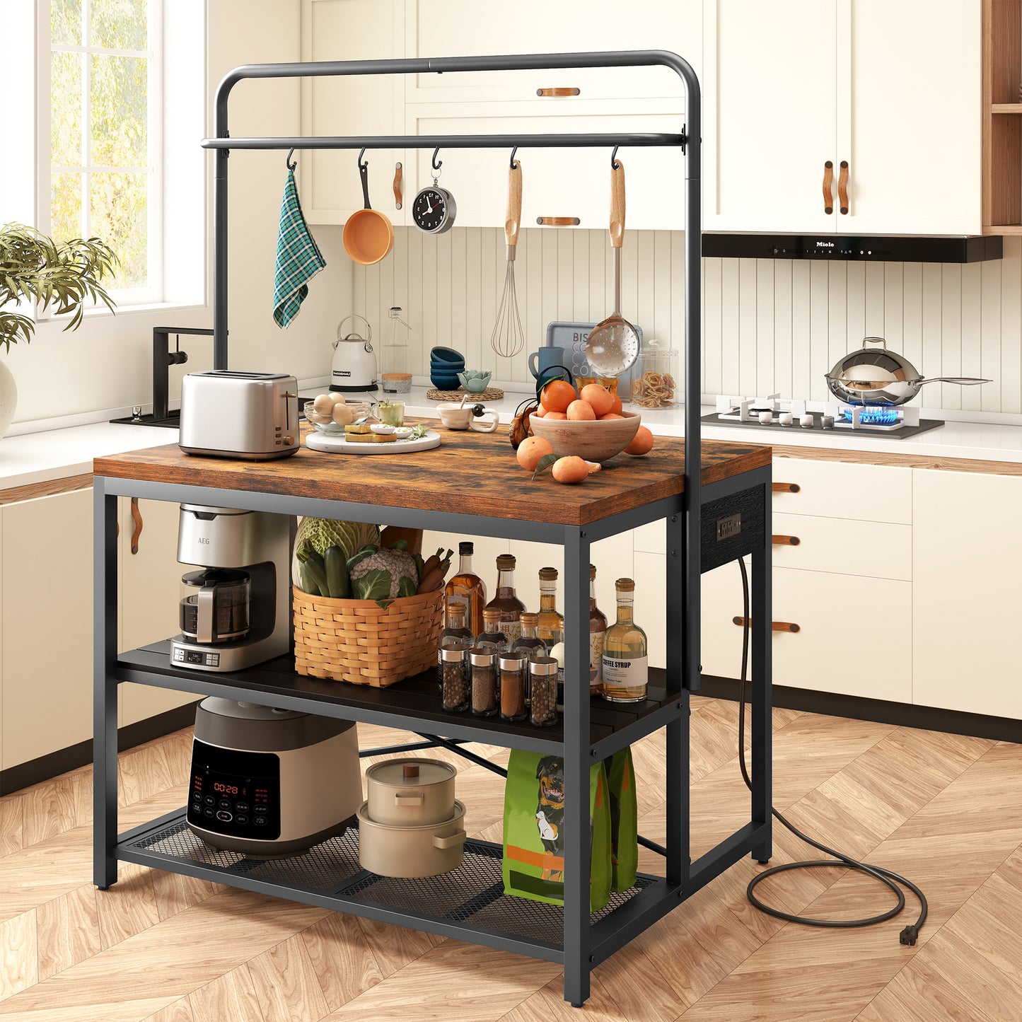 Anyact Kitchen Island with Power Outlet&5 Hooks, Bakers Rack with Storage,Industrial Coffee Bar Table for Kitchen Dining Living Room(Vintage Brown)