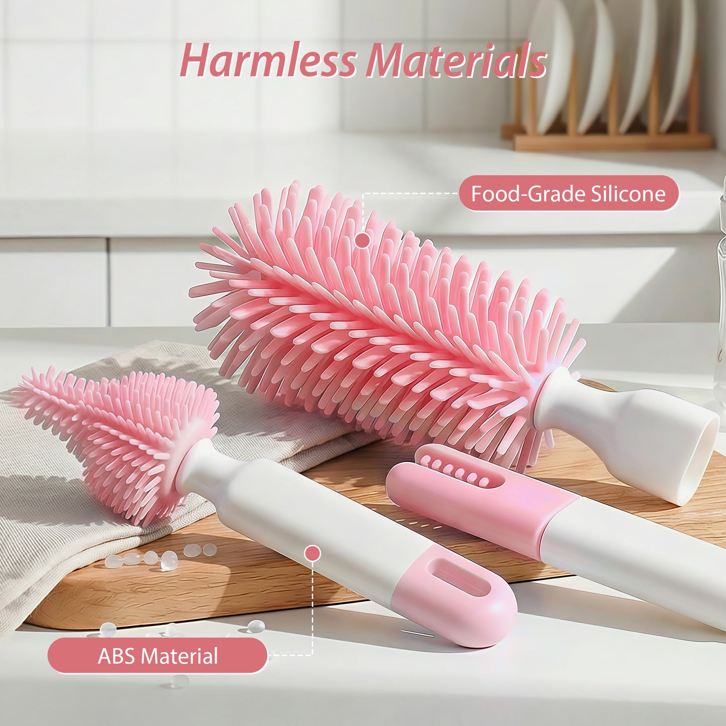 Minikid Baby Bottle Brush Set, 9-in-1 Portable Travel Bottle Cleaning Kit, BPA-free, Compact Travel Baby Essential for Home & On The Go, Pink