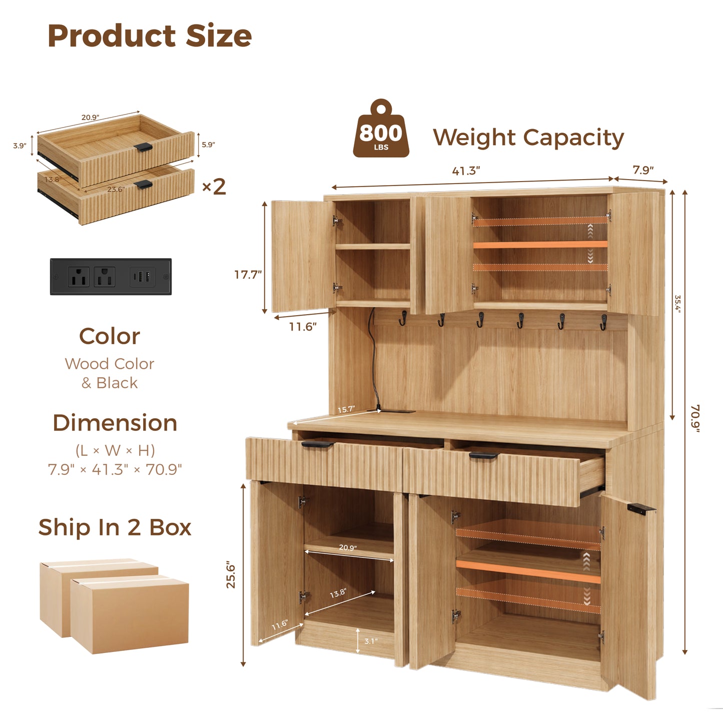 HiJob 71" Tall Fluted Kitchen Pantry Cabinet with Microwave Shelf,Natural-4Door