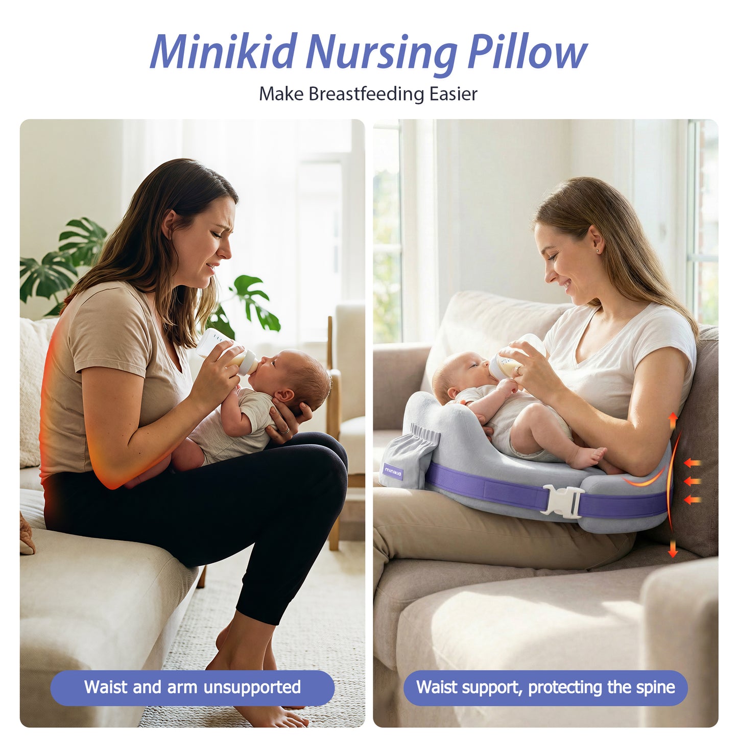 Minikid Nursing Pillow for Breastfeeding,60D Firm Memory Foam, Ergonomic Design with Lumbar & Arm Support, Safety Fence, Adjustable,Safe and Comfortable Feeding