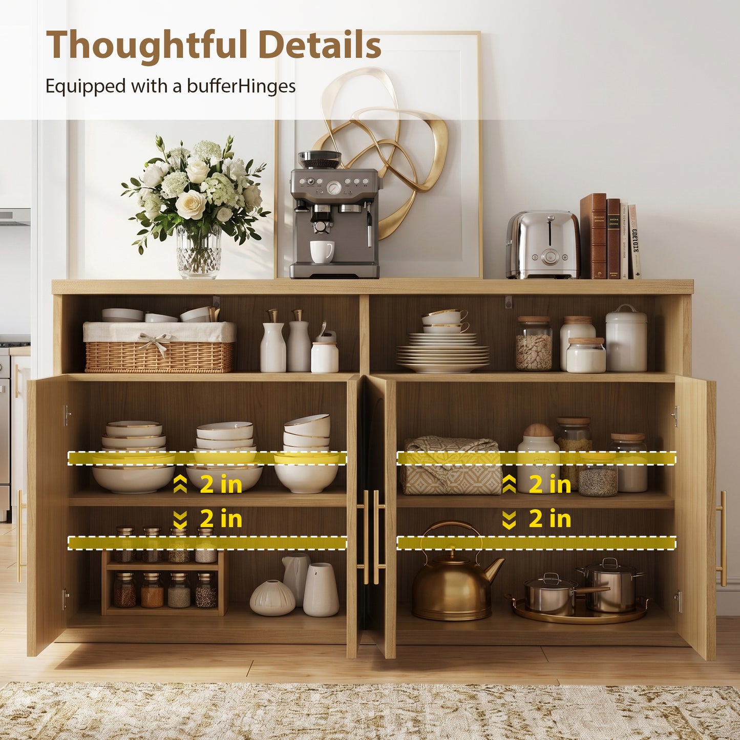 Hijob Modern Fluted Sideboard Cabinet, 63" Width Sideboard with Metal Handle w/Curved Profile Design, Open Shelf Sideboard, Natural Oak