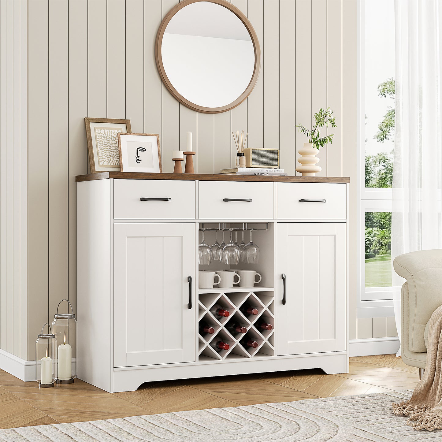 Nifamembo Modern Sideboard Buffet Cabinet w/Wine & Glass Rack, 3 Drawers with 2 Adjustable Shelf for Kitchen