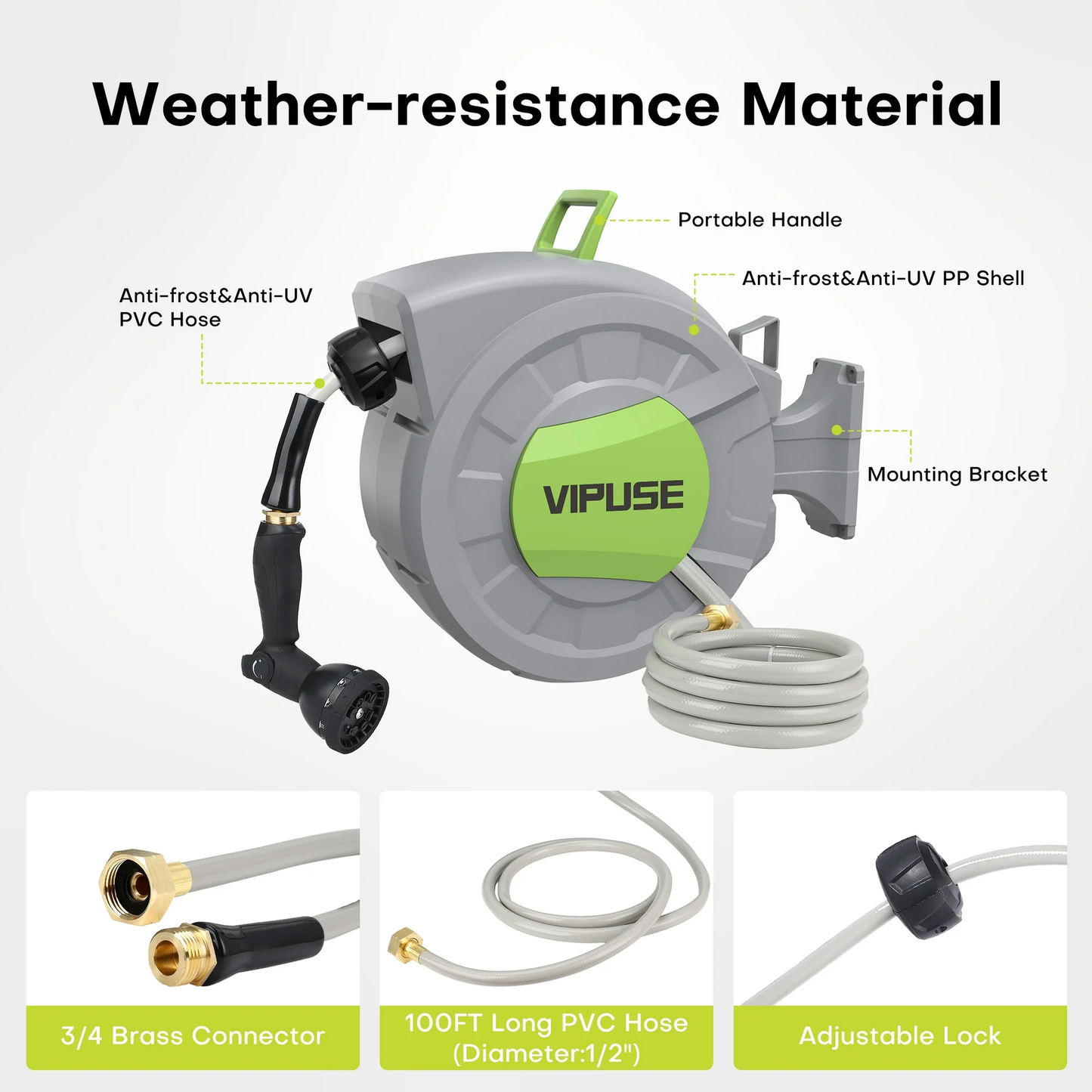 Vipuse Retractable Garden Hose Reel, 1/2 Inch x 100 ft Wall Mounted Garden Hose Reel, with 10 Pattern Nozzle, Any Length Lock, Slow Return System, 180° Swivel Bracket