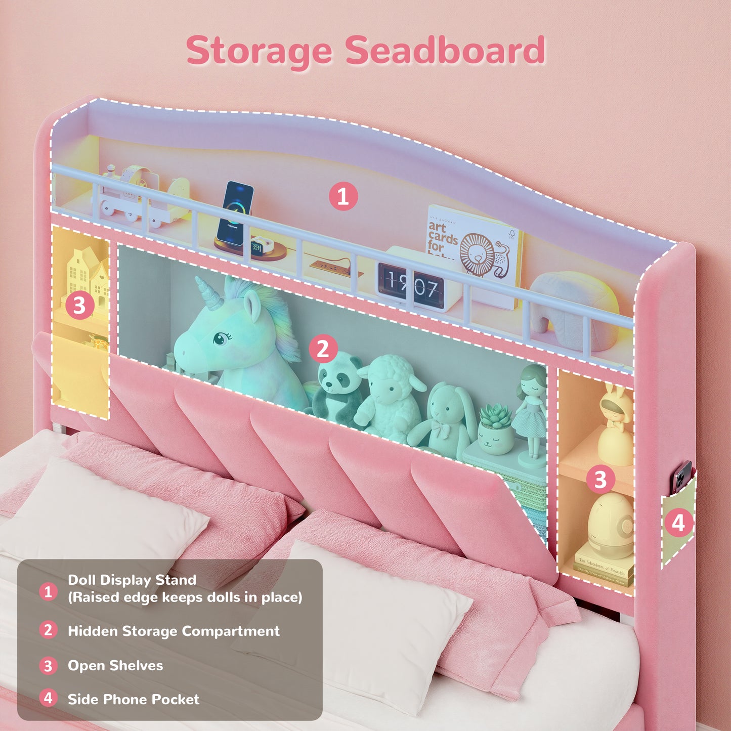 Hijob Pink Velvet Upholstered Platform Full Size LED Bed Frame with Drawer Adjustable Lighted Headboard for Girls Kid's Bedroom, Pink