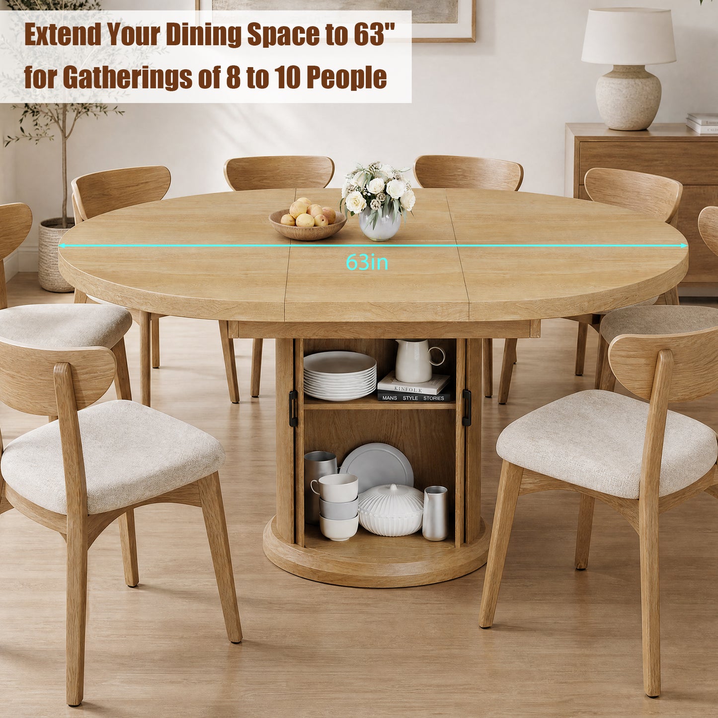 Hijob 47″–63″ Extendable Dining Table with 2 Tier Storage Cabinet - Oval Dining Table Convertible Round Kitchen Table for 4-8 People, Natural