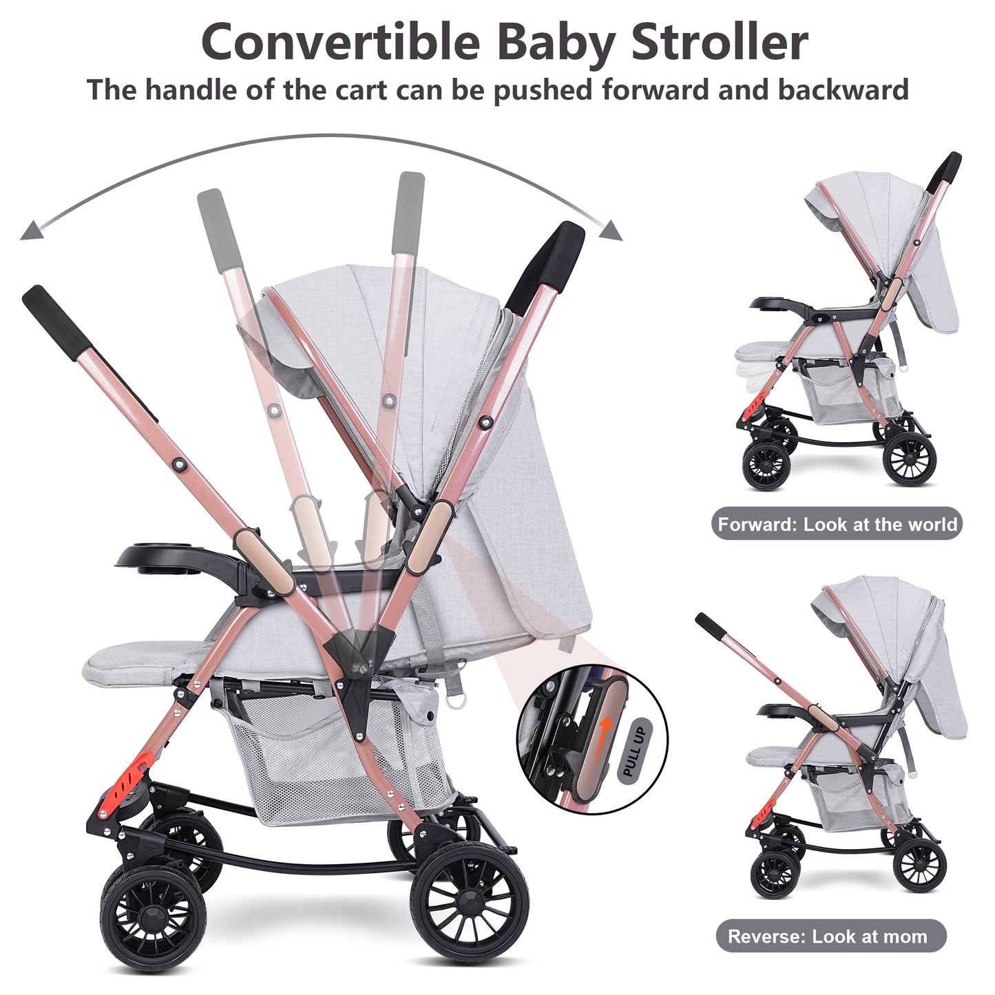 Welbabel Foldable Baby Stroller,Infant Pram Stroller Convertible Into Rocking Chair, Bassinet Stroller for Toddler,Adjustable Canopy & Backrest,Oversize Basket,Two-Way Push,Gray