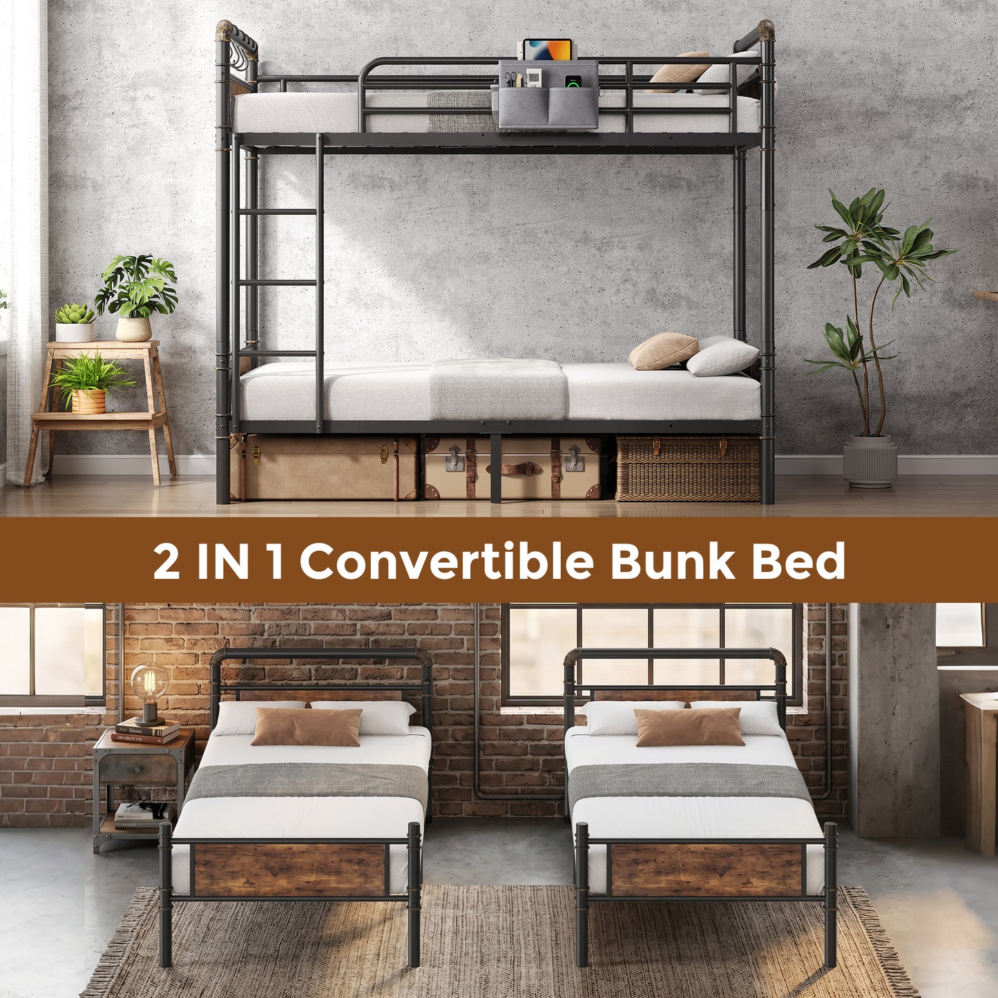 Hijob Twin over Twin Bunk Bed(Convertible into 2 Seperate Beds),Antique Heavy Duty Metal Bed Frame with Storage Bag&Hooks for Adults Teens,Black&Brown