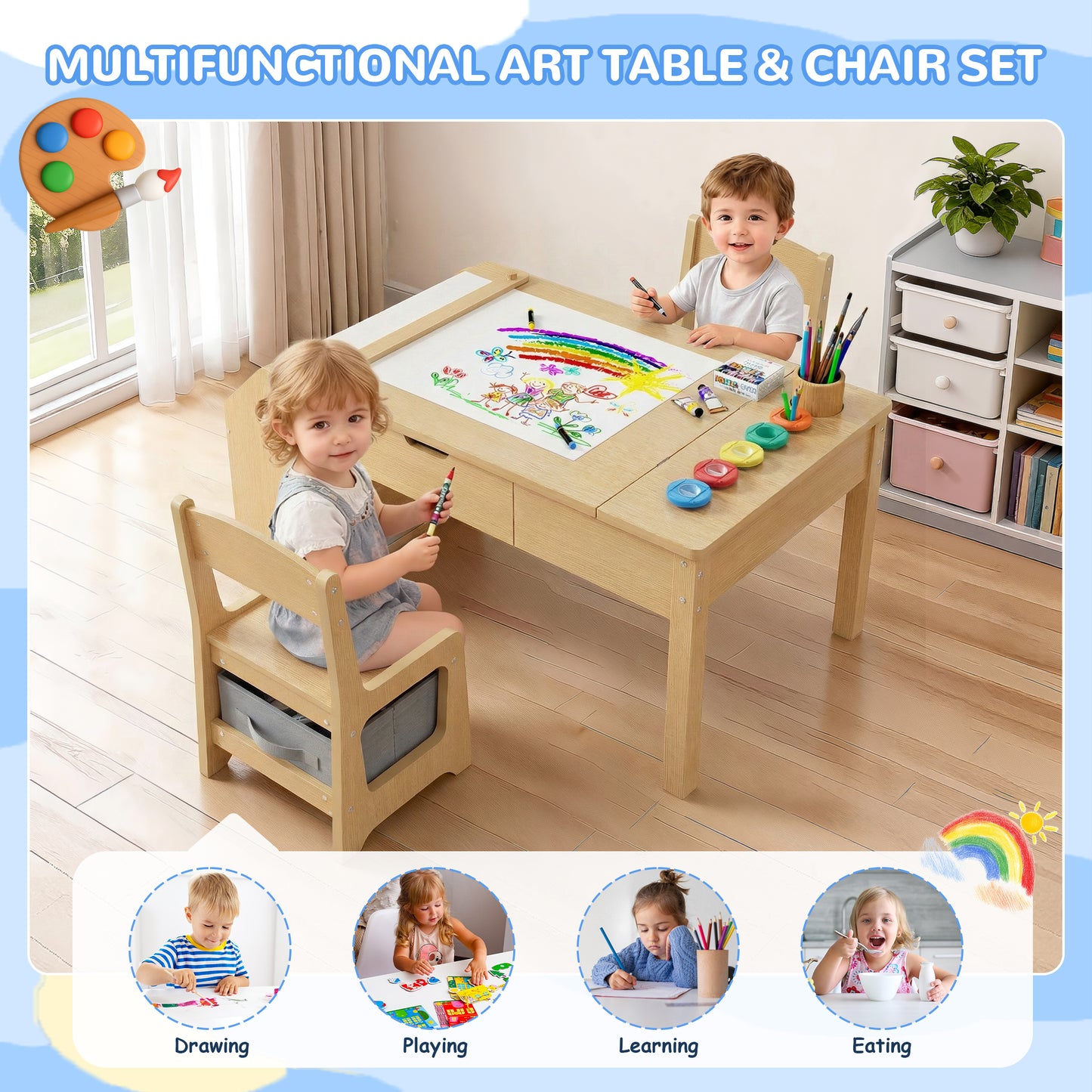 Hijob 5-in-1 Kids Art Table & Chair Set – Convertible Easel with Paper Roll Holder, Storage Drawers & Foldable Craft Desk, Toddler Activity Learning Center for Playroom, Natural Wood