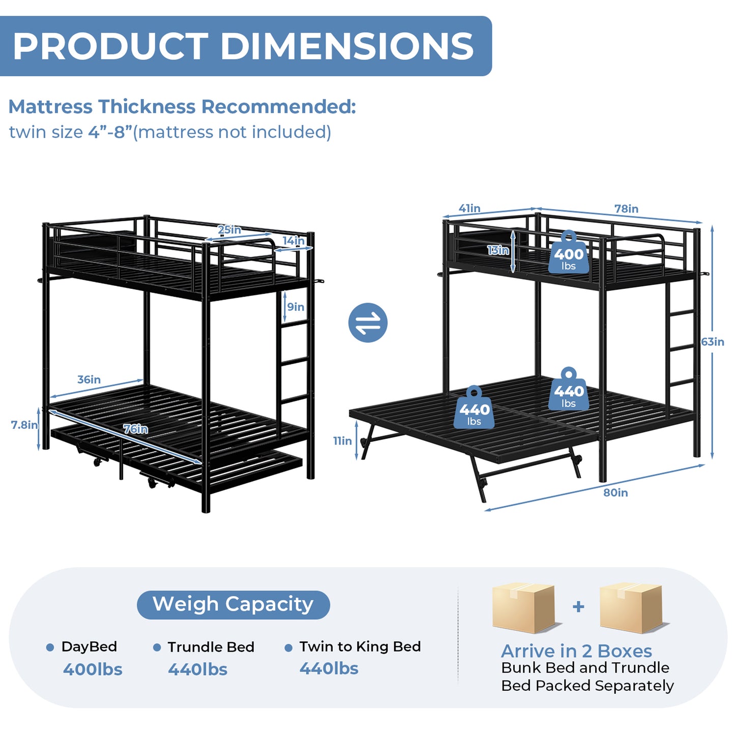 HiJob Triple Bunk Bed Frame with Trundle, Heavy Duty Twin Over Twin Metal Bunk Bed Converts to King with Storage Shelf