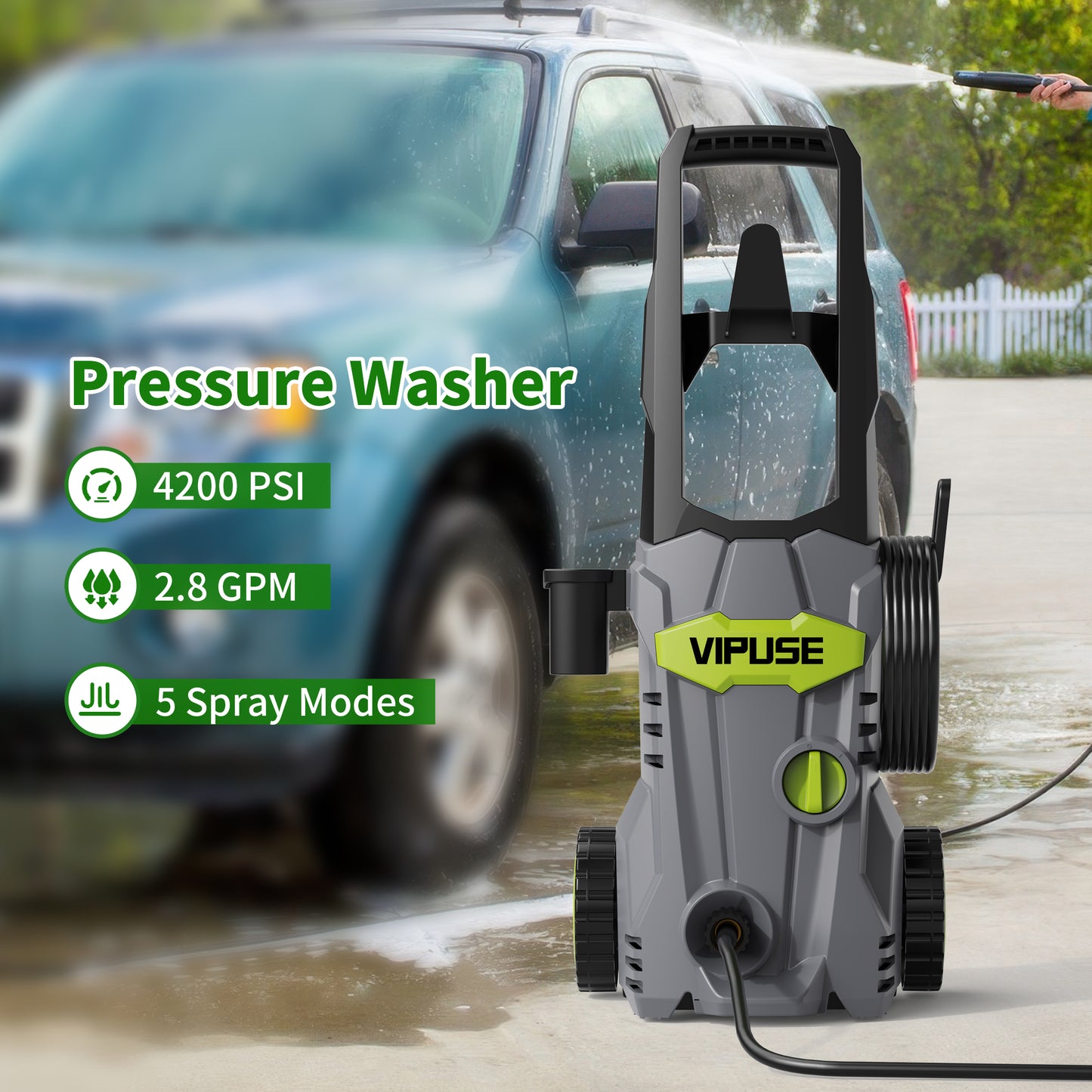Vipuse 1800W Electric Pressure Washer, 4200PSI Max 2.8 GPM with 4 Nozzles, Portable High Pressure Cleaning Machine Washer with 36FT Cord, 23FT Hose, for Cars, Driveways, Fences, Patios