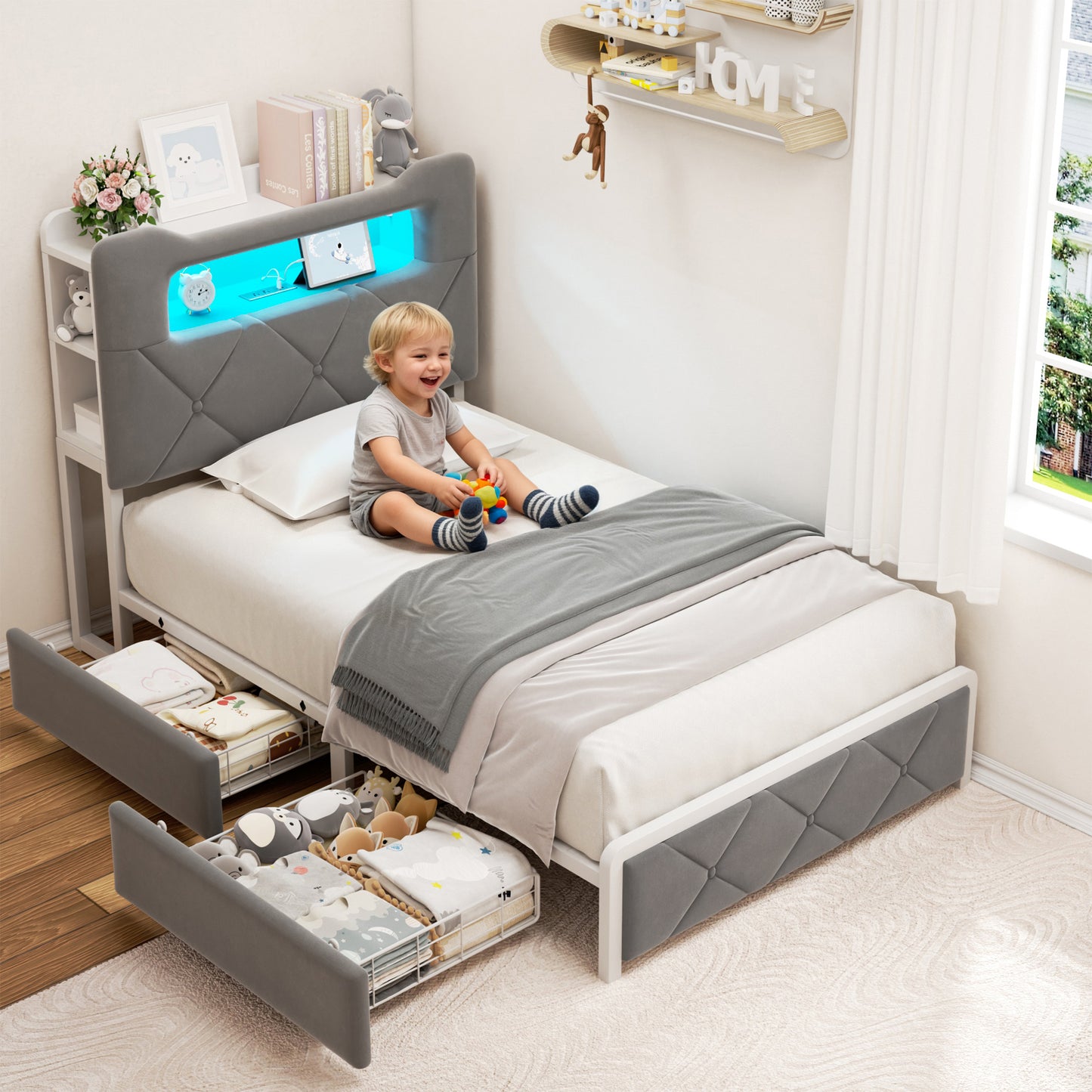 Anyact Twin size Bed frame with 2 storage drawers and Headboard Metal Platform Bed Frame & LED Light Headboard, Built in Charging Station and Easy Assembly/Noise-Free, Gray