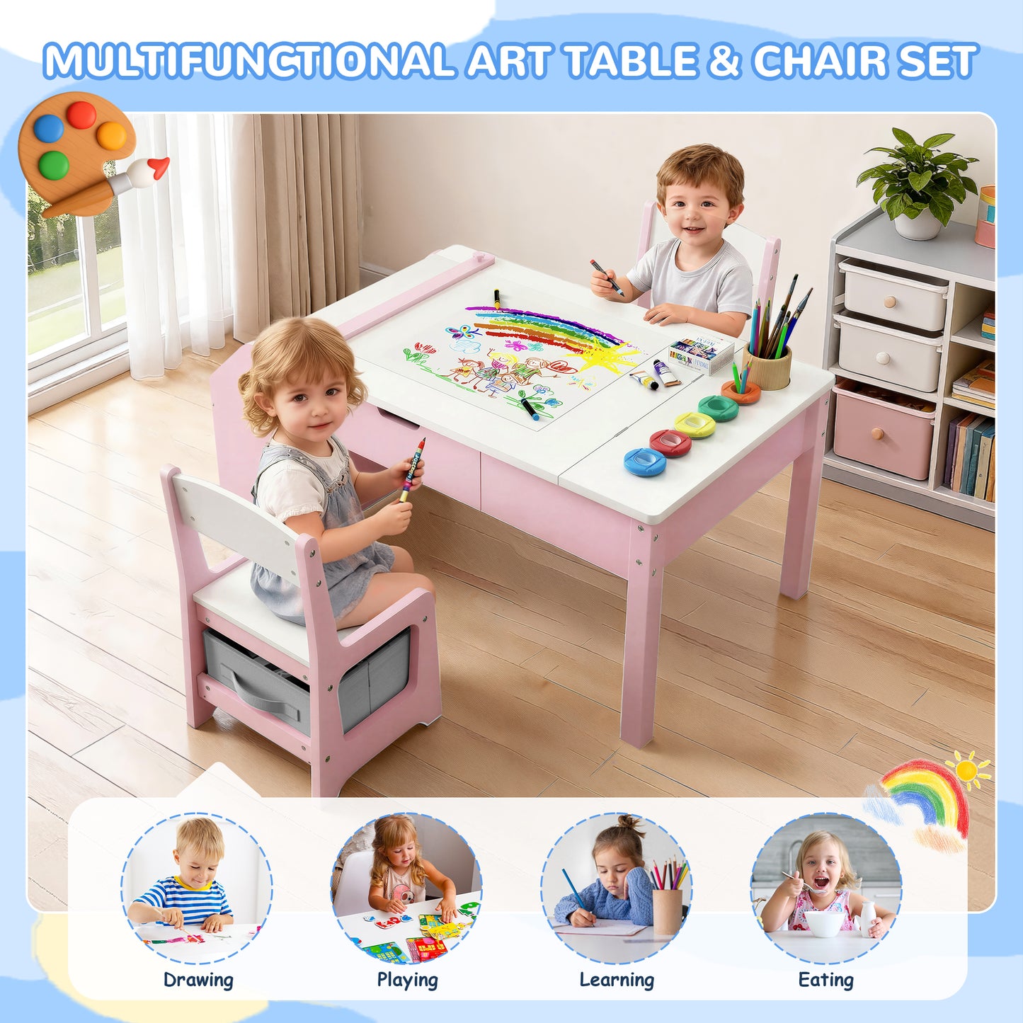 Hijob 5-in-1 Kids Art Table & Chair Set – Convertible Easel with Paper Roll Holder, Storage Drawers & Foldable Craft Desk, Toddler Activity Learning Center for Playroom, Pink