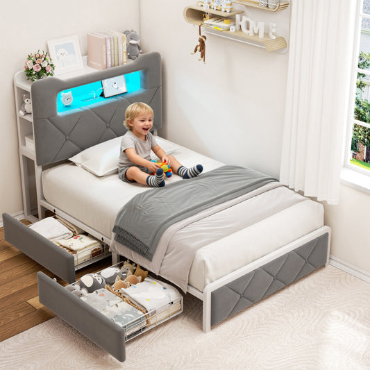 Hijob Twin Bed Frame with 2-Tier Storage Headboard, Metal Platform Bed Frame with 2 Storage Drawers, Built in Charging Station & LED, Gray