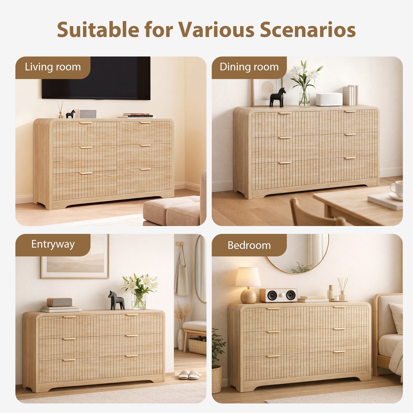 Hijob Modern 6 Drawers Dresser for Bedroom, 47.3" Long Dressers with Metal Handle w/Curved Profile Design, Wood Mid Century Vertical Dresser w/Natural Texture for Bedroom, Living Room, Natural Oak