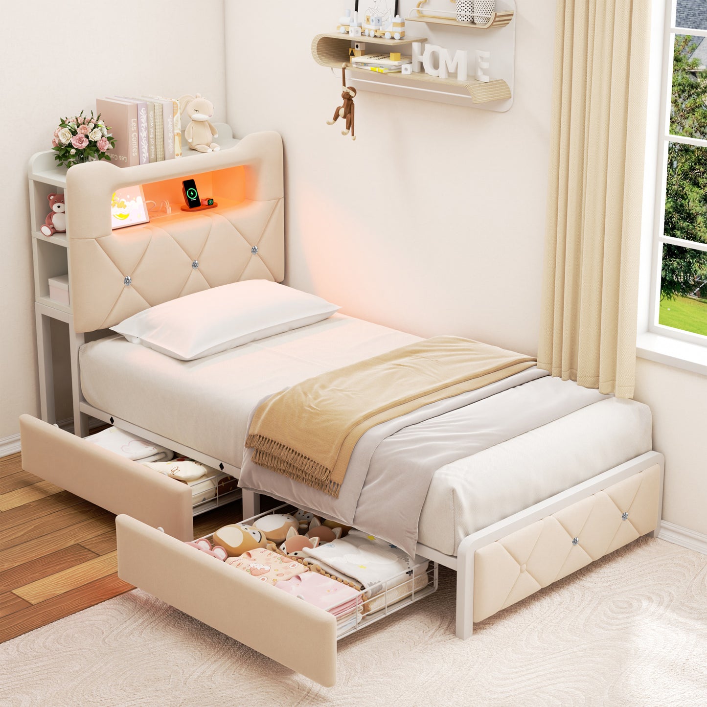 Anyact Twin Bed Frame with 2-Tier Storage Headboard, Metal Platform Bed Frame with 2 Storage Drawers, Built in Charging Station & LED, Beige