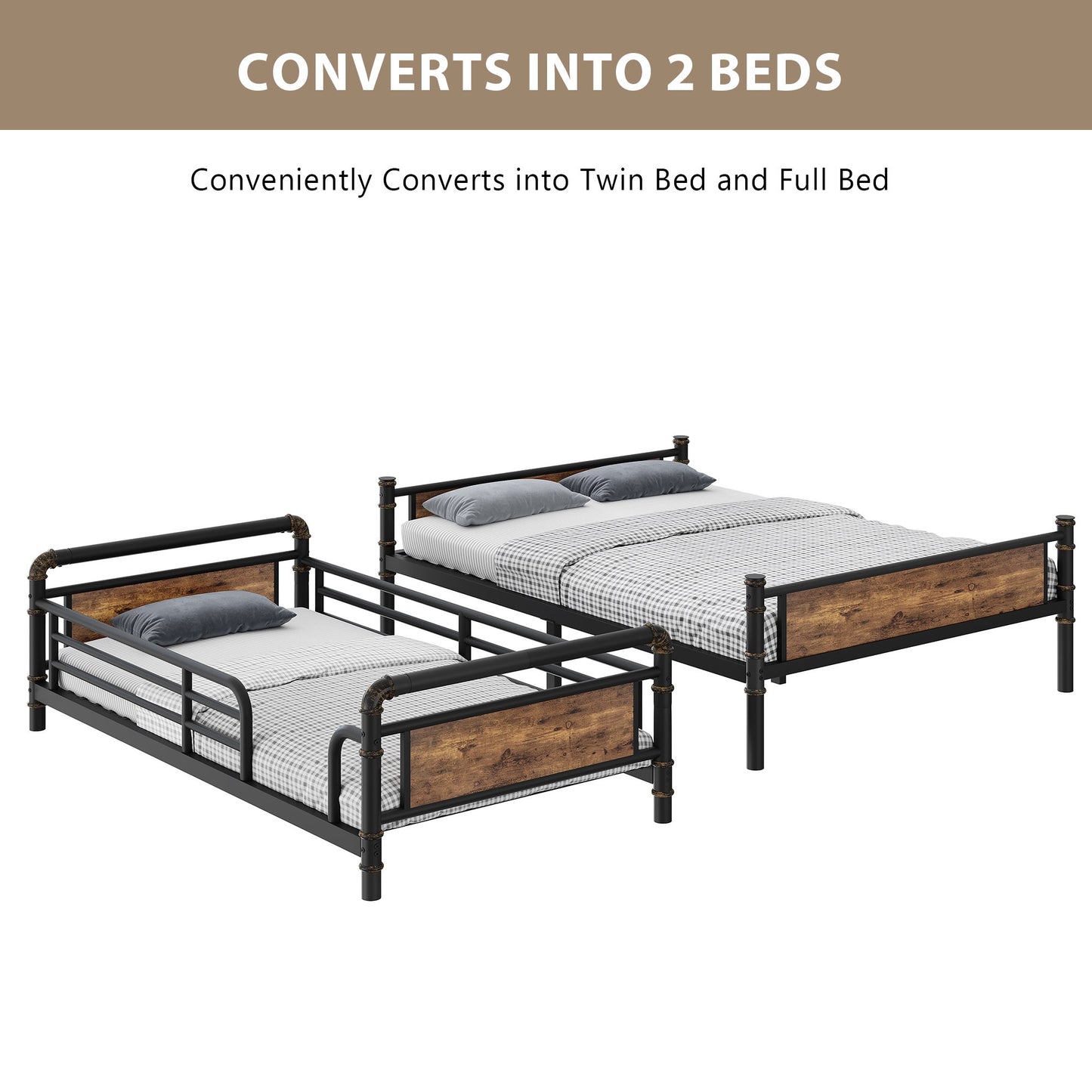 Hijob Twin over Full Bunk Bed, Antique Heavy Duty Metal Bed Frame with Storage Bag&Hooks for Adults Teens, Convertible into 2 Seperate Beds, Black&Brown