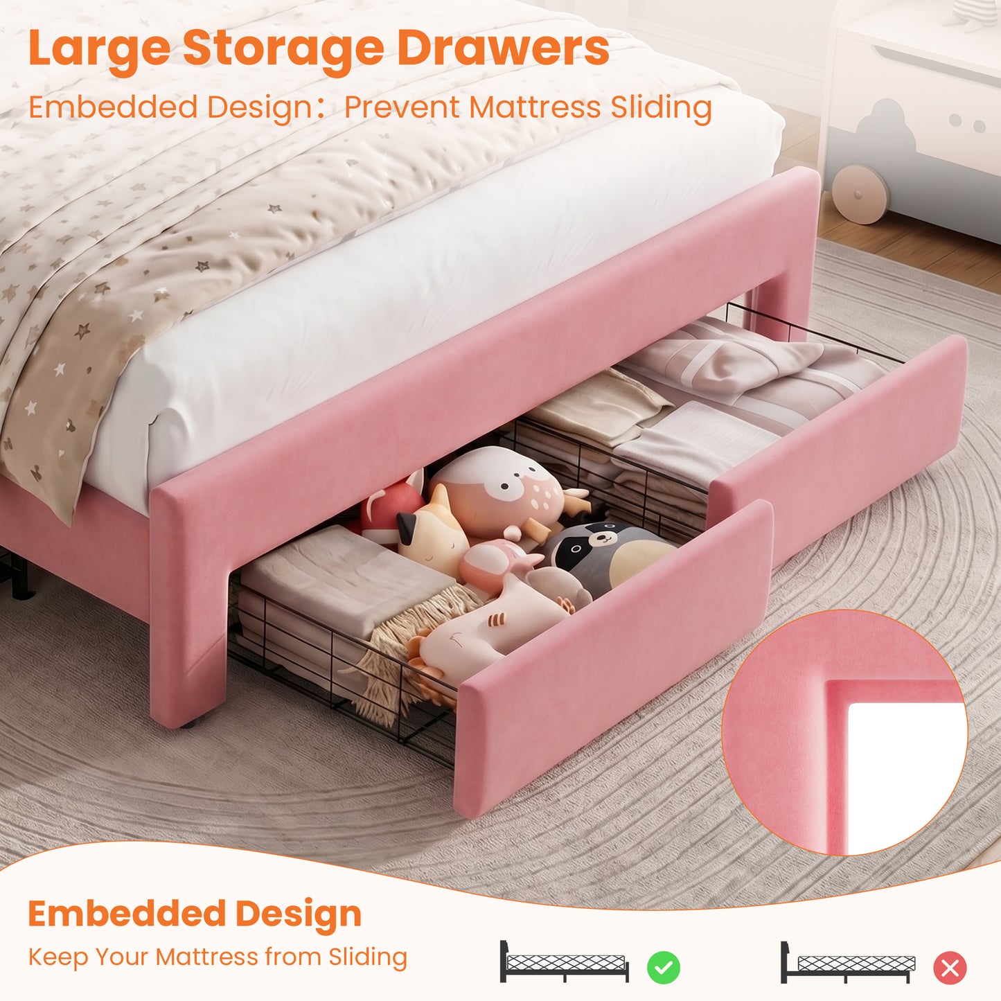 Hijob Full Size LED Bed Frame with Storage Drawers, Velvet Upholstered Platform Bed with Adjustable Headboard, No Box Spring Needed, Pink
