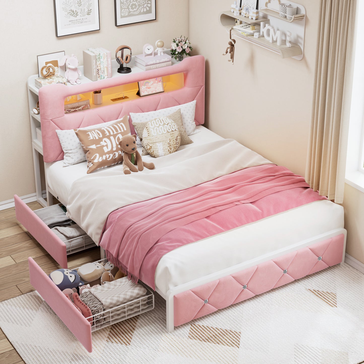 Hijob Full Bed Frame with 2-Tier Storage Headboard, Metal Platform Bed Frame with 2 Storage Drawers, Built in Charging Station & LED, Pink