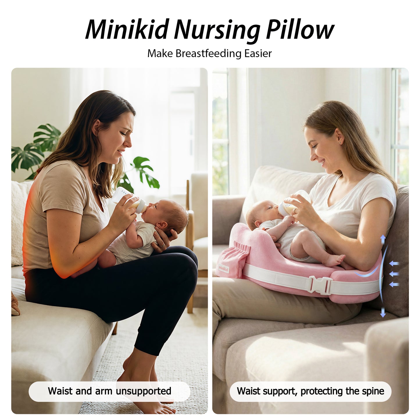 Vipuse Nursing Pillow for Breastfeeding,60D Firm Memory Foam, Ergonomic Design with Lumbar & Arm Support, Safety Fence, Adjustable,Safe and Comfortable Feeding,Pink