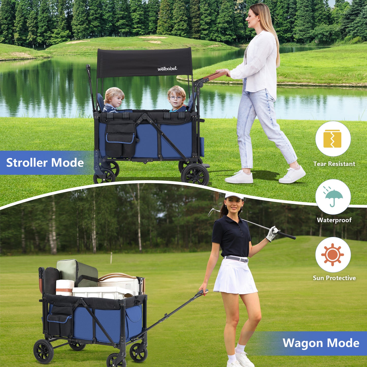 Welbabel Double Wagon Stroller,Collapsible Stroller Wagon for Kid & Pulling Goods,Toddler Stroller with 2 Seats,Adjustable Push Handle,Removable Canopy,5-Point Safety Harness,Umbrellas,Mosquito Nets