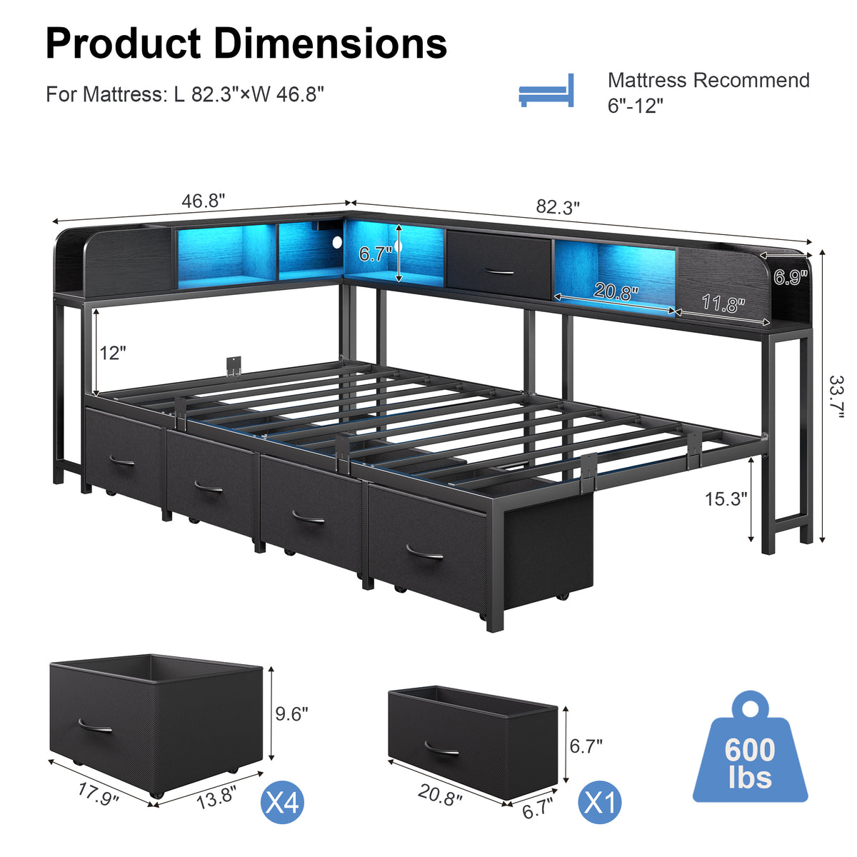 HiJob Twin Corner Bed Frame with 4 Large Underbed Drawers, Bookshelf, RGB LED Lights and Charging Station, L-Shaped Metal Twin Daybed for Bedroom, Apartment, Black
