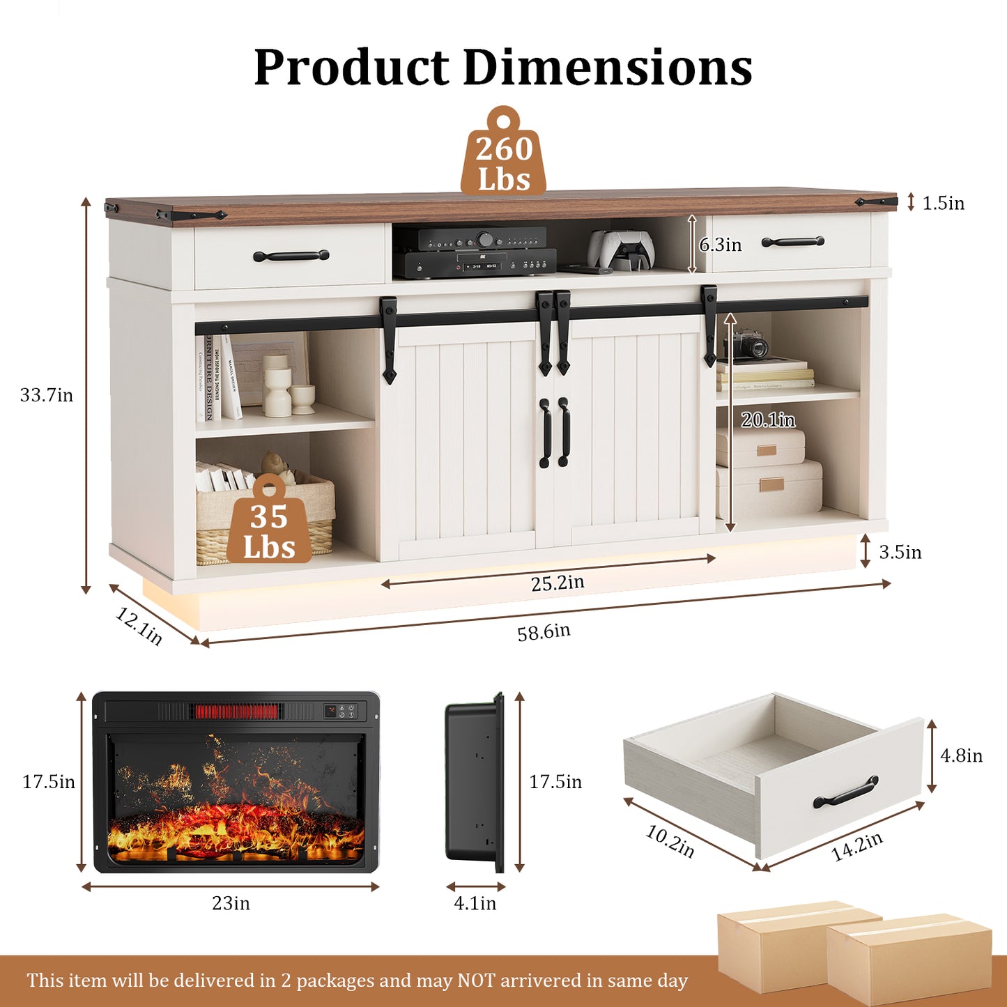HiJob Electric Fireplace TV Stand for 75″ TVs with 23″ Fireplace, Holds up to 260 lbs