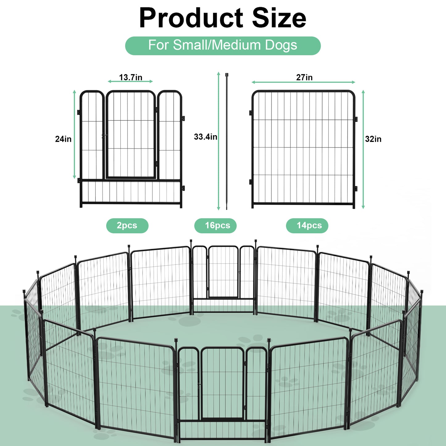 Vipuse 32″ Tall 16 Panels Heavy Duty Metal Dog Playpen for Exercise Outdoor Indoor Fence, Black