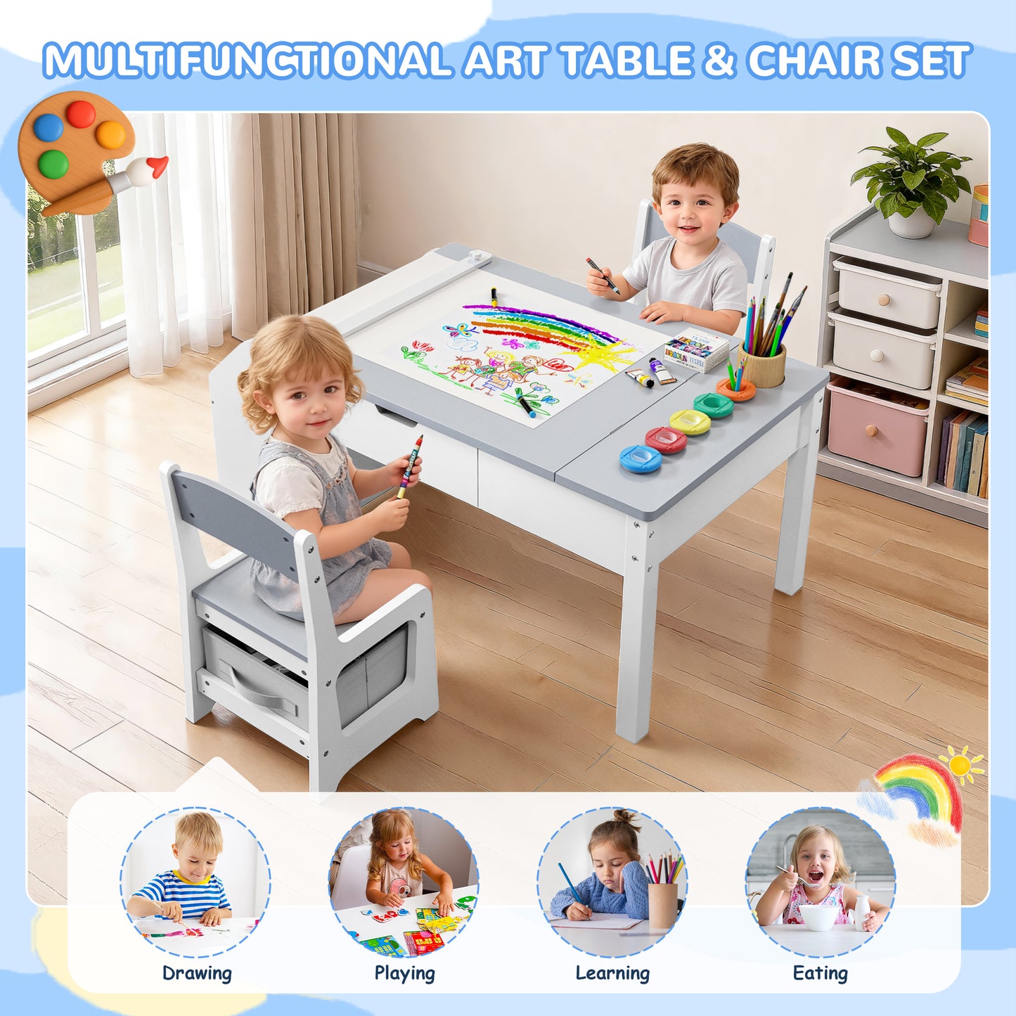 Hijob 5-in-1 Kids Art Table & Chair Set – Convertible Easel with Paper Roll Holder, Storage Drawers & Foldable Craft Desk, Toddler Activity Learning Center for Playroom, Gray